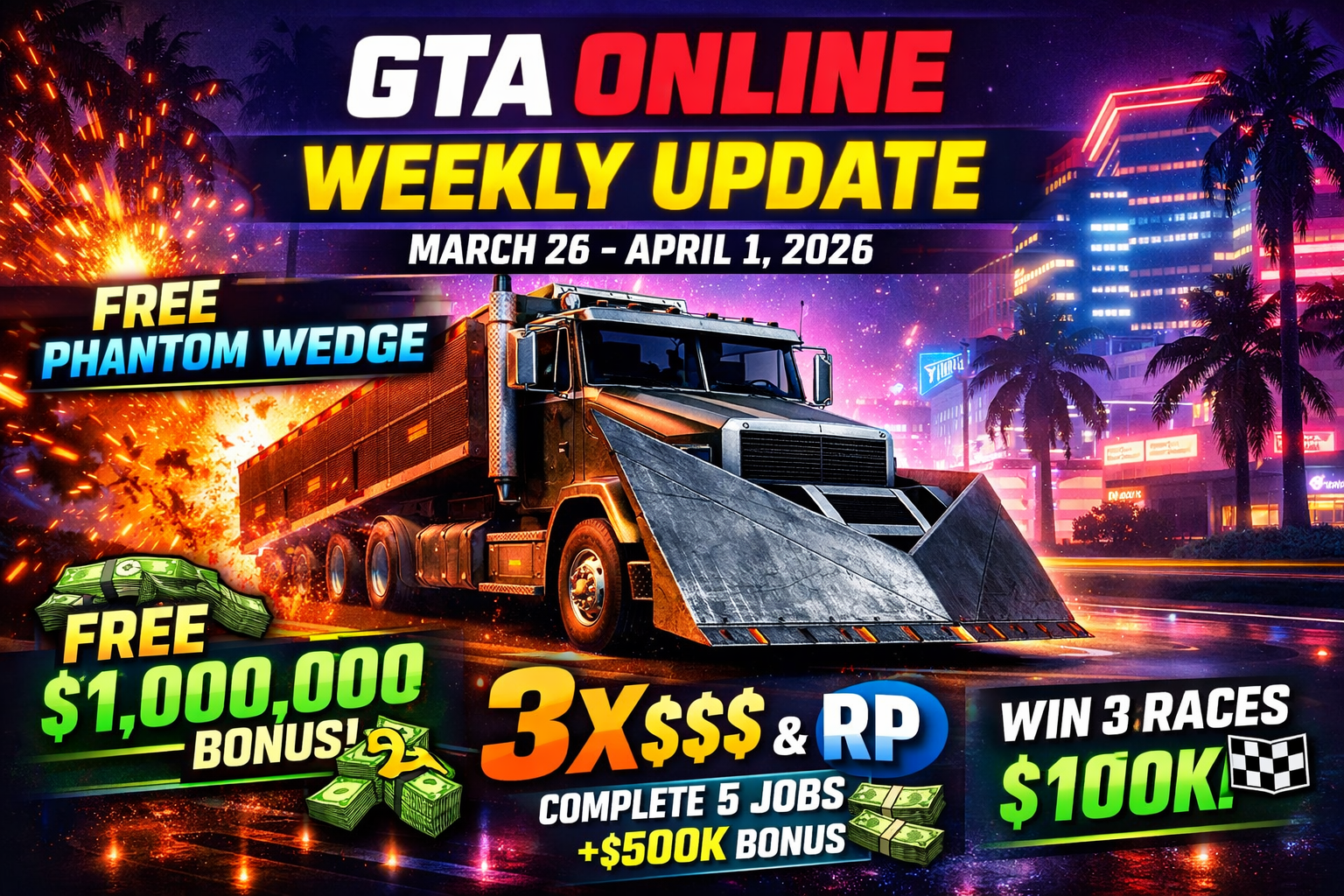 GTA Online Weekly Update (March 26 – April 1, 2026): FREE Phantom Wedge, $1M Bonus & 3X Money