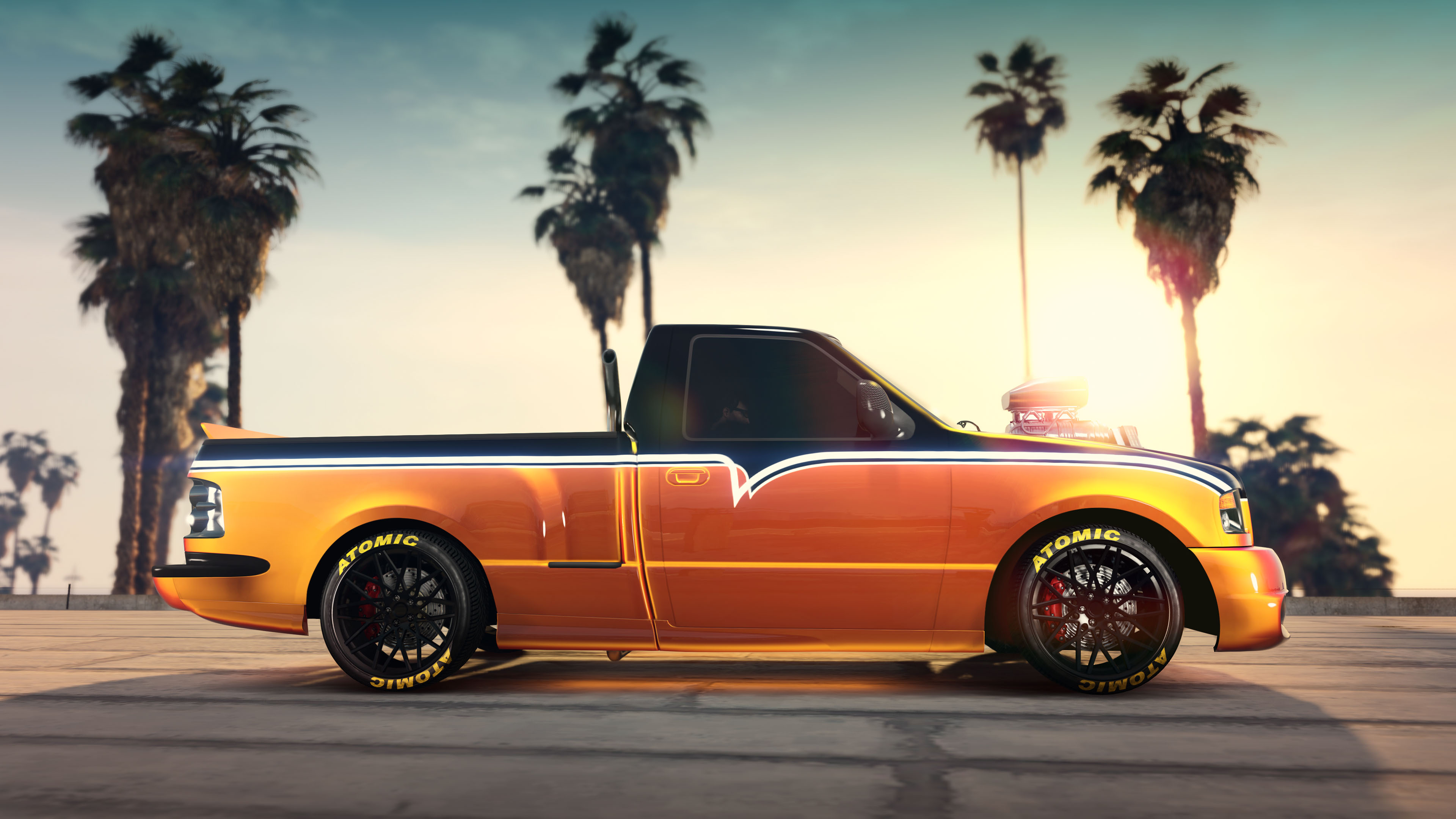 An orange Vapid Firebolt ASP parked near palm trees. 