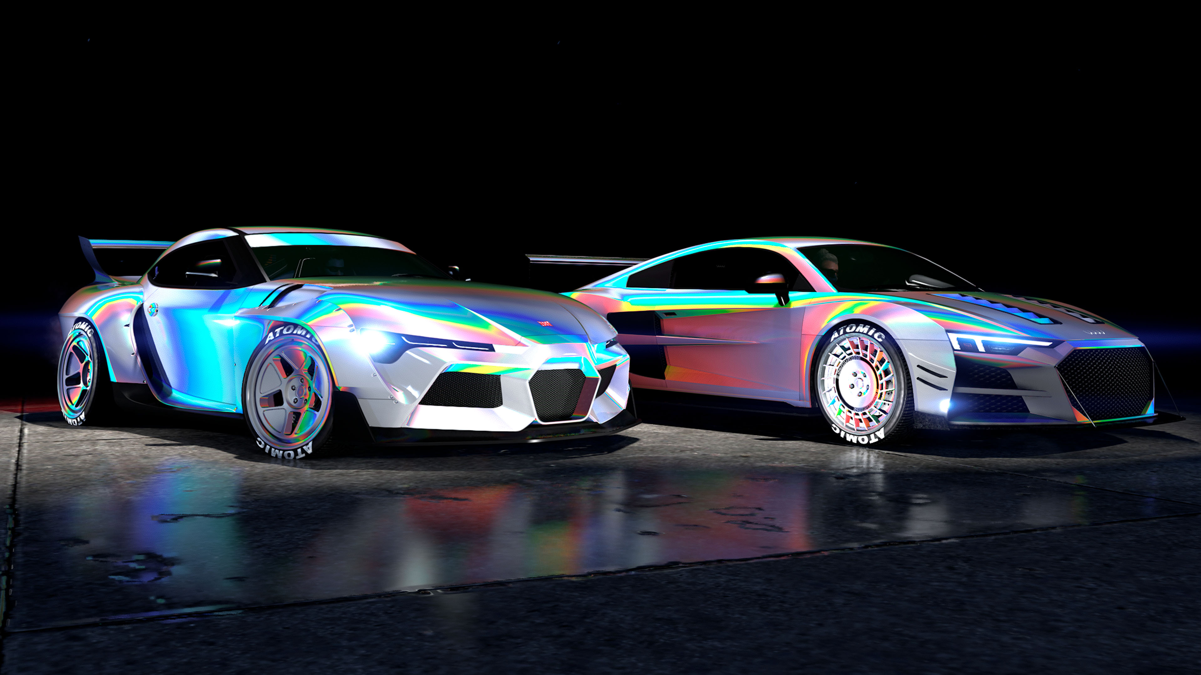 Two cars showcase the Graphite Prismatic Pearl Chameleon Paint and Wheel Paint. 