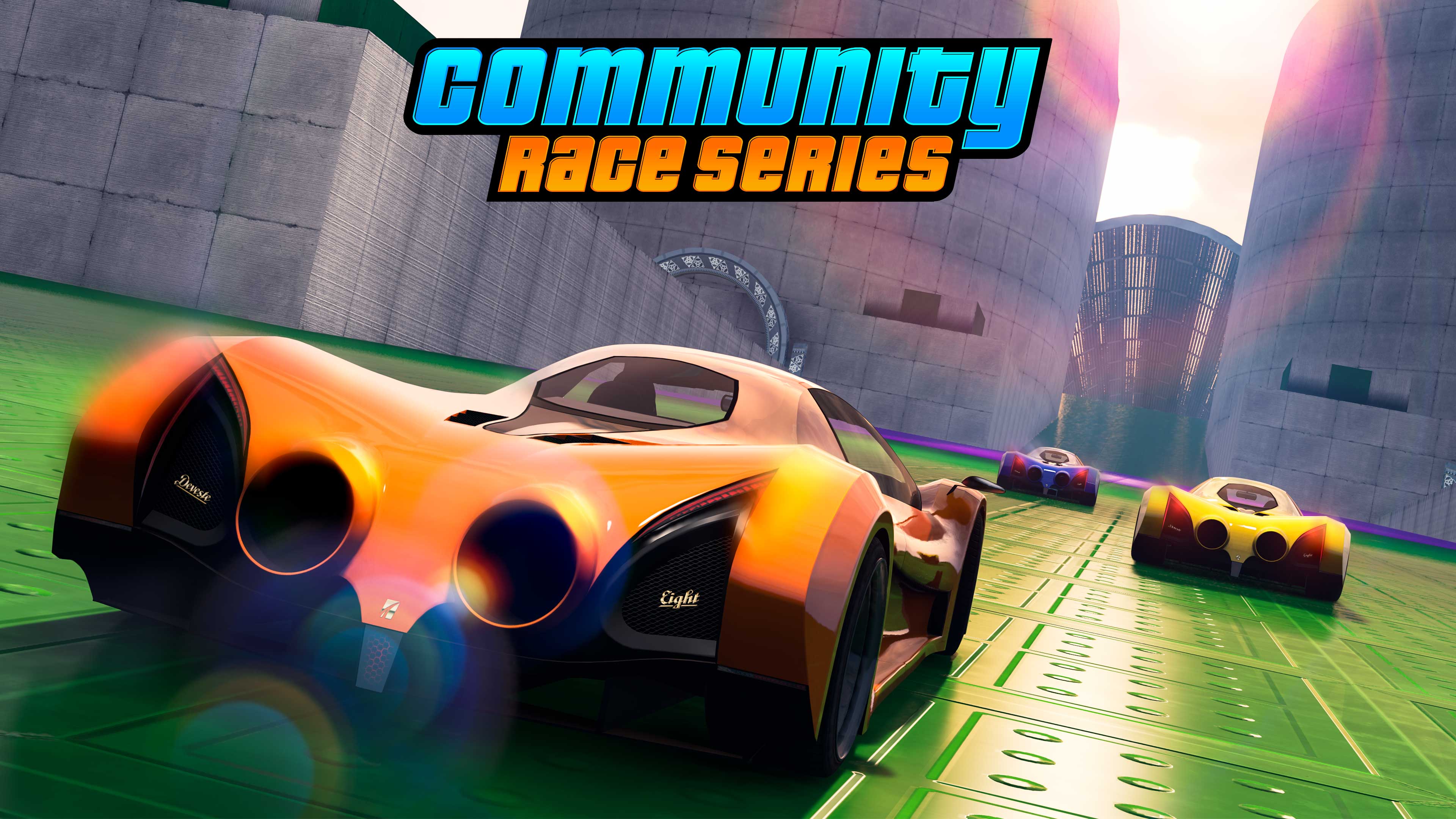 Community Race Series event poster with cars racing on a Stunt track. 