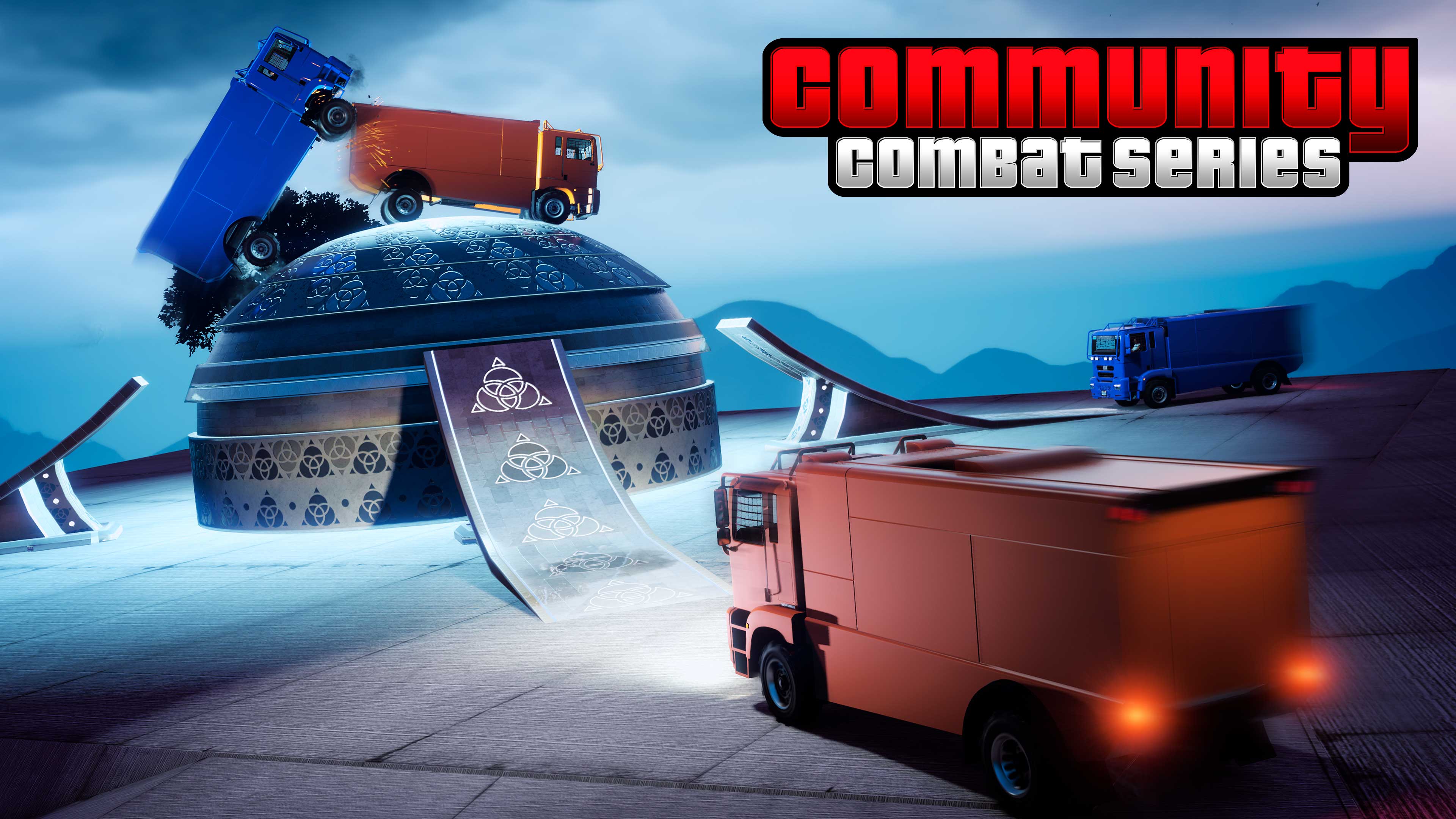 Community Combat Series event poster featuring blue and orange trucks driving up various ramps, meeting in the middle above a large domed structure. 