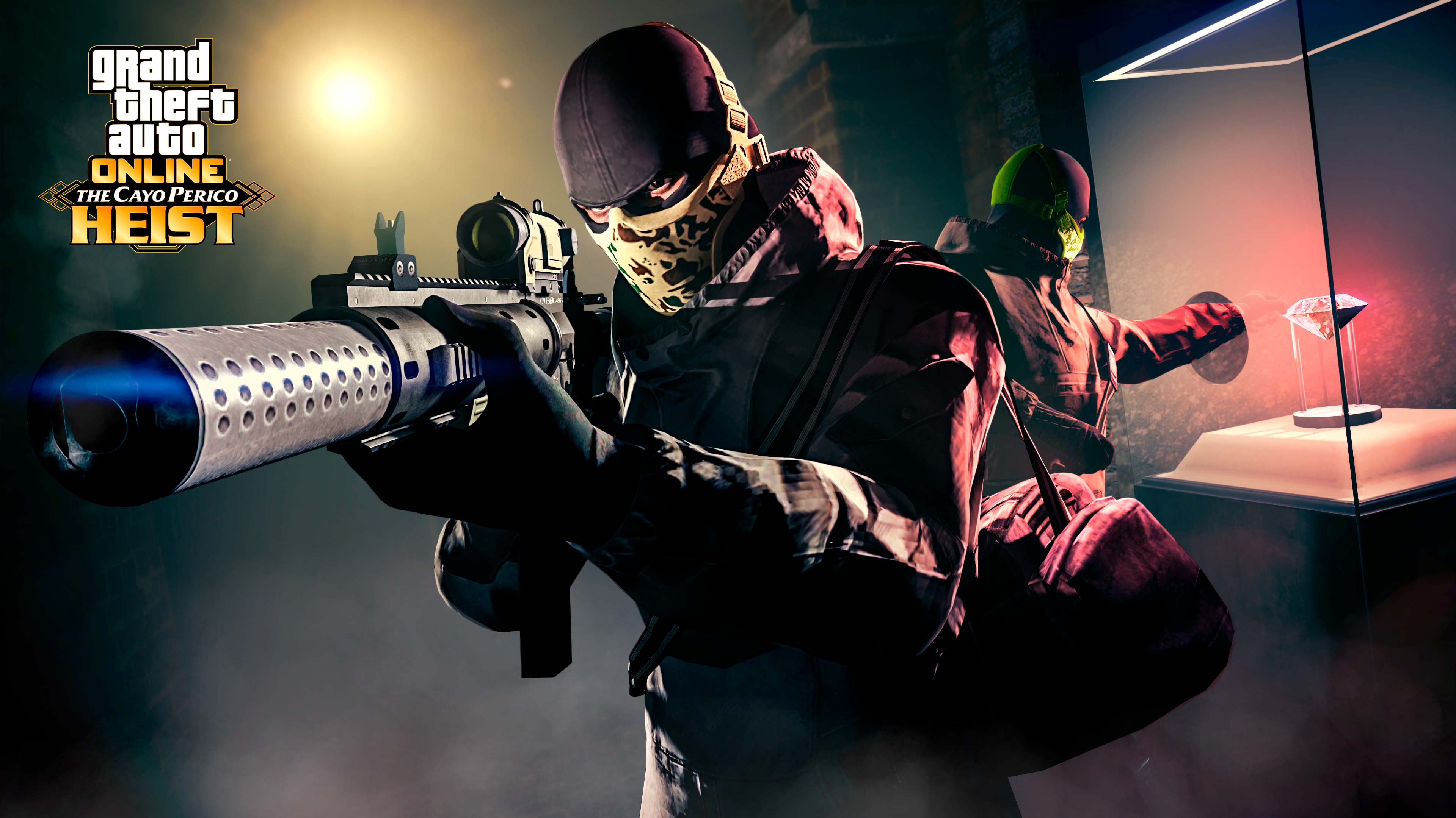 Grand Theft Auto Online, The Cayo Perico Heist poster with two masked and armed characters stealing the Pink Diamond from a glass case. 