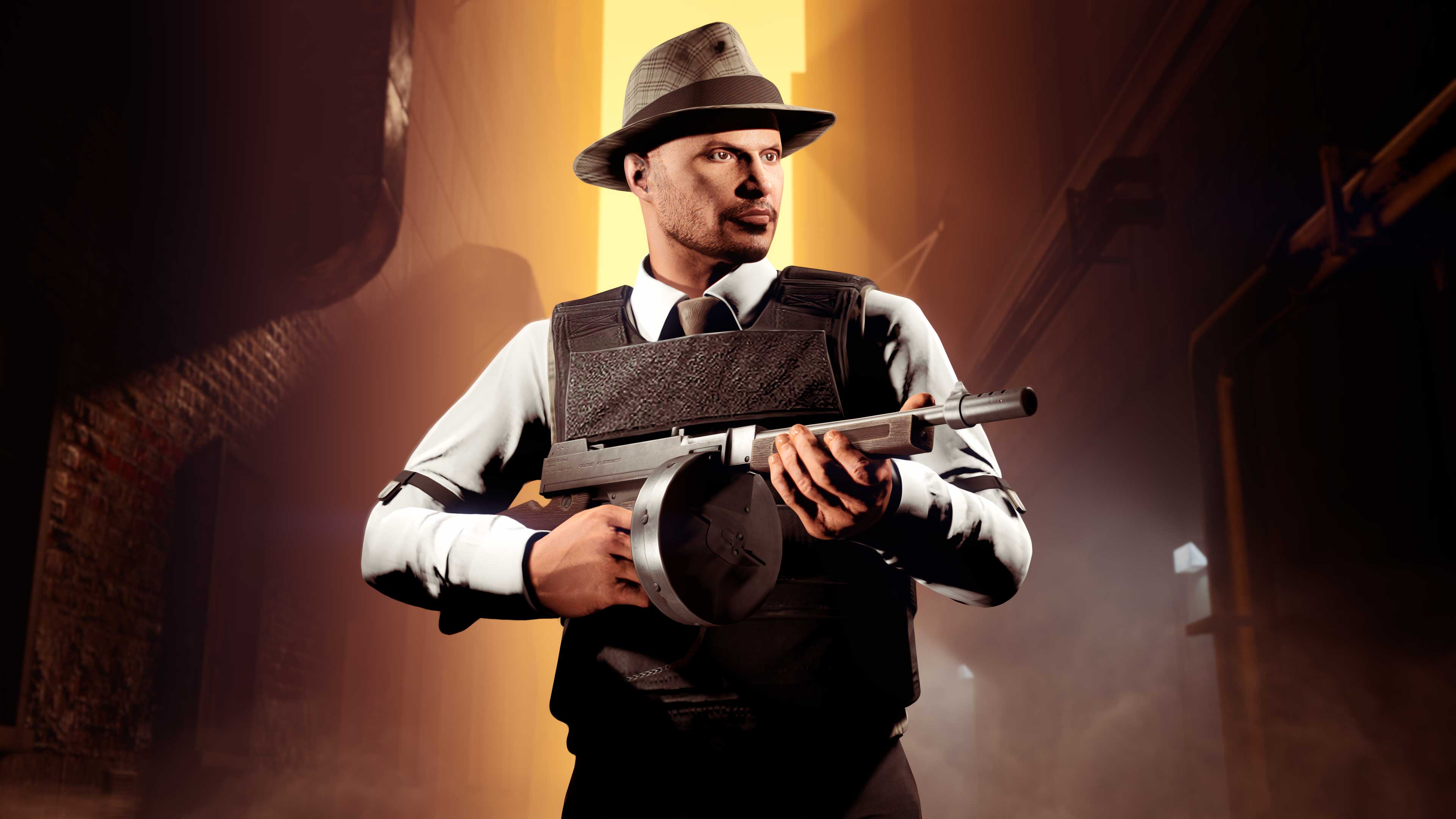 In a misty alley, a GTA Online character holds the Gusenberg Sweeper gun. 