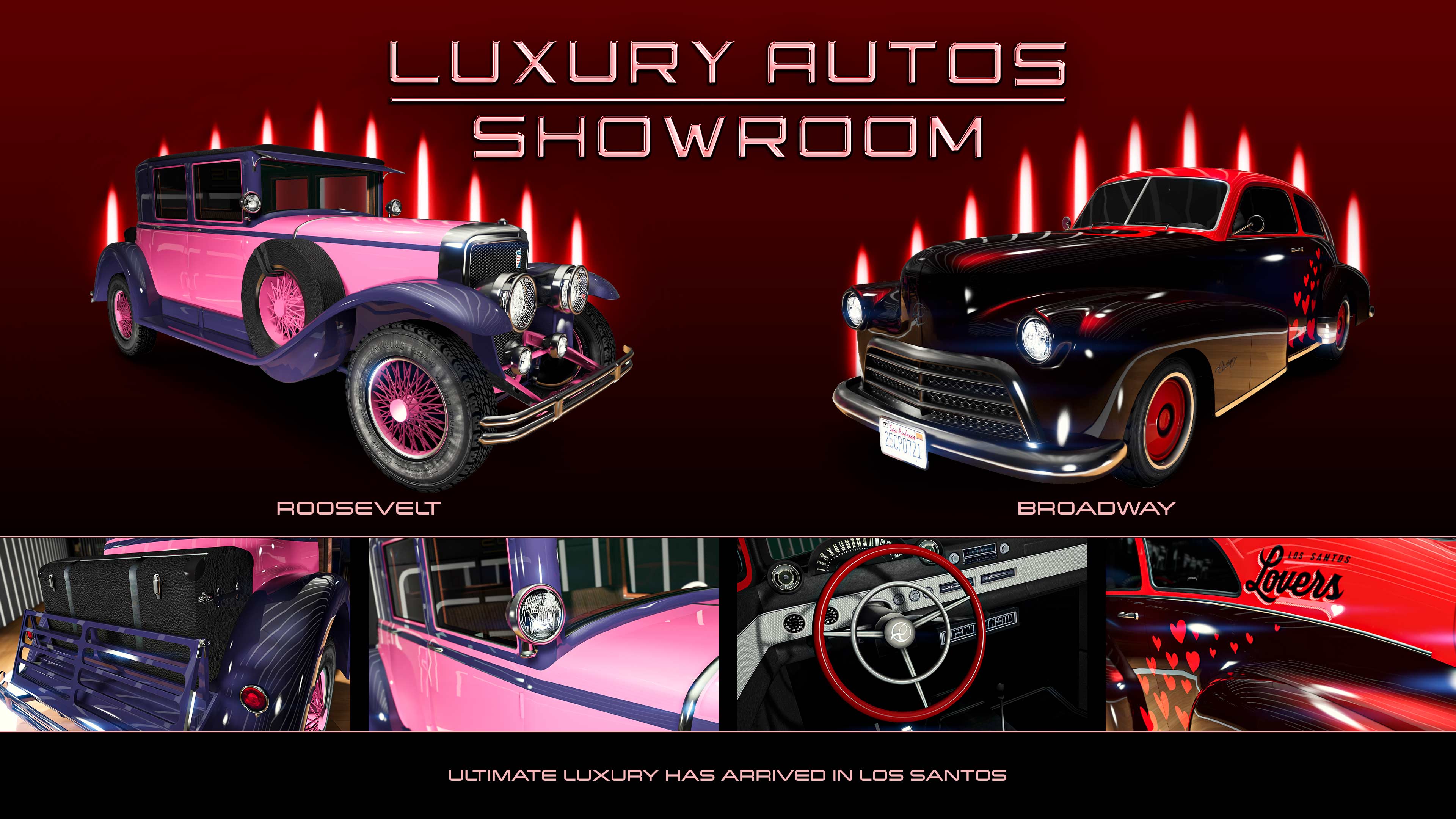 Luxury Autos Showroom poster. Left: A pink and purple Albany Roosevelt car. Right: A black and red Classique Broadway car with the limited-time Los Santos Lovers livery featuring red hearts on the side. 