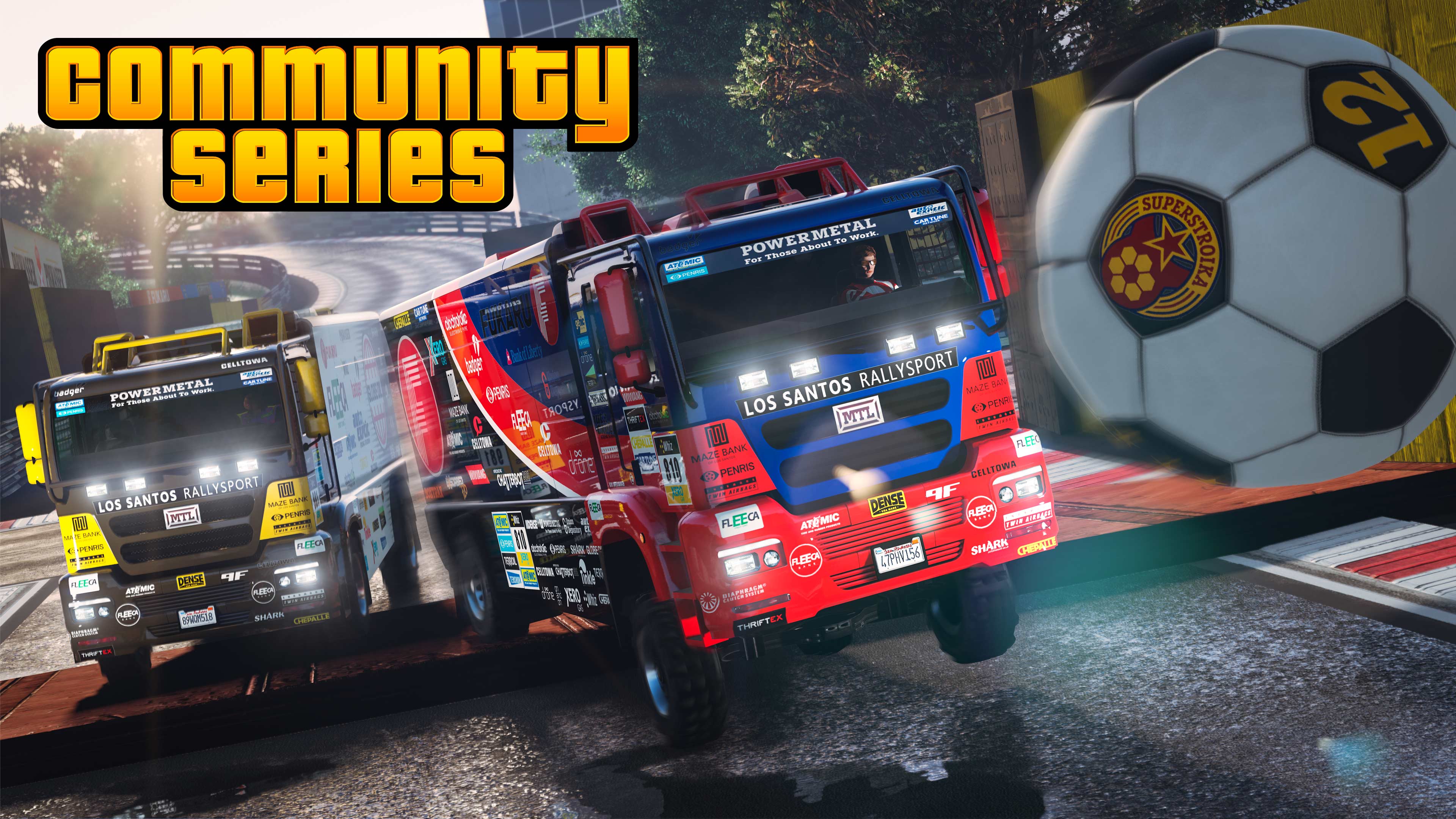 Community Series event poster with two Dune trucks on a track racing after a large soccer ball. 