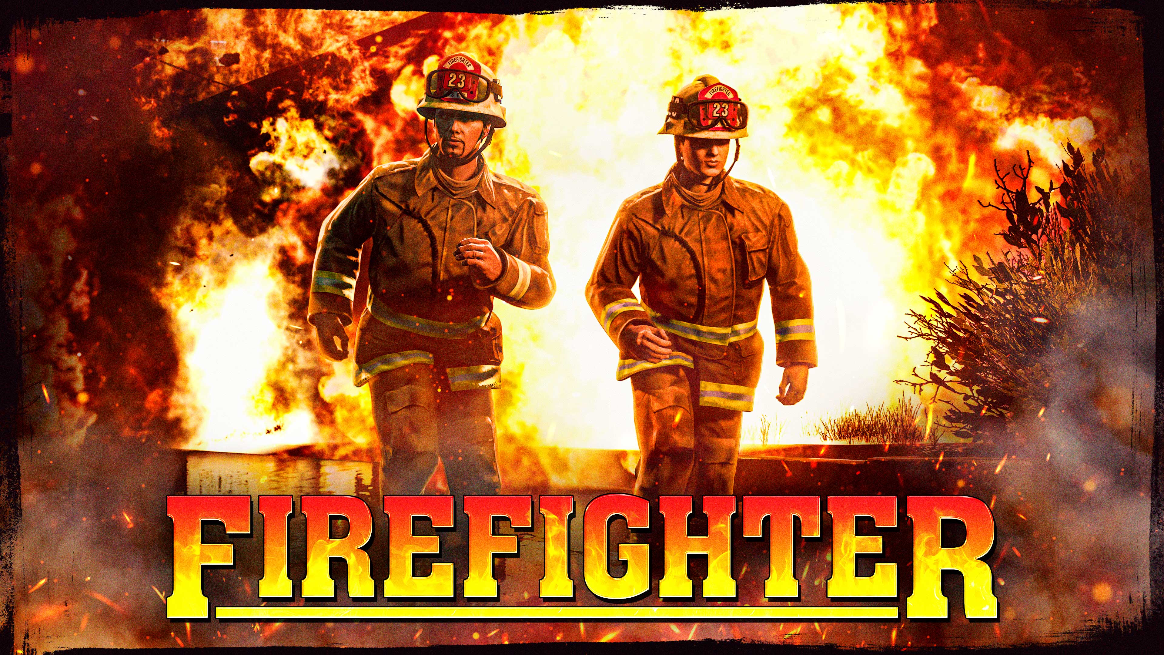Firefighter poster with two GTA Online characters in firefighting gear running as a large fire erupts behind. 