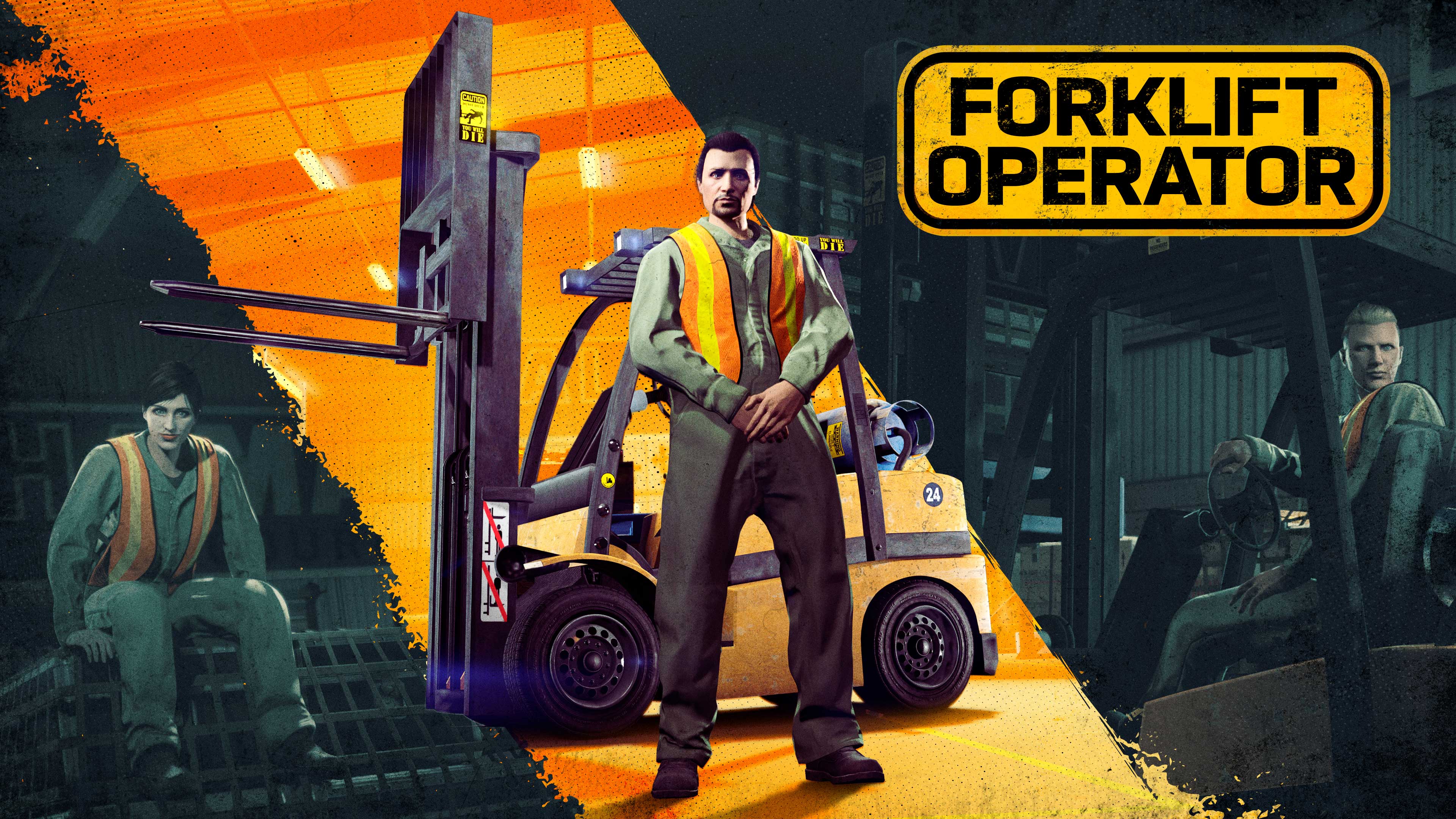 Forklift Operator poster with a GTA Online character next to a forklift truck with a montage of other characters operating it surrounding them. 