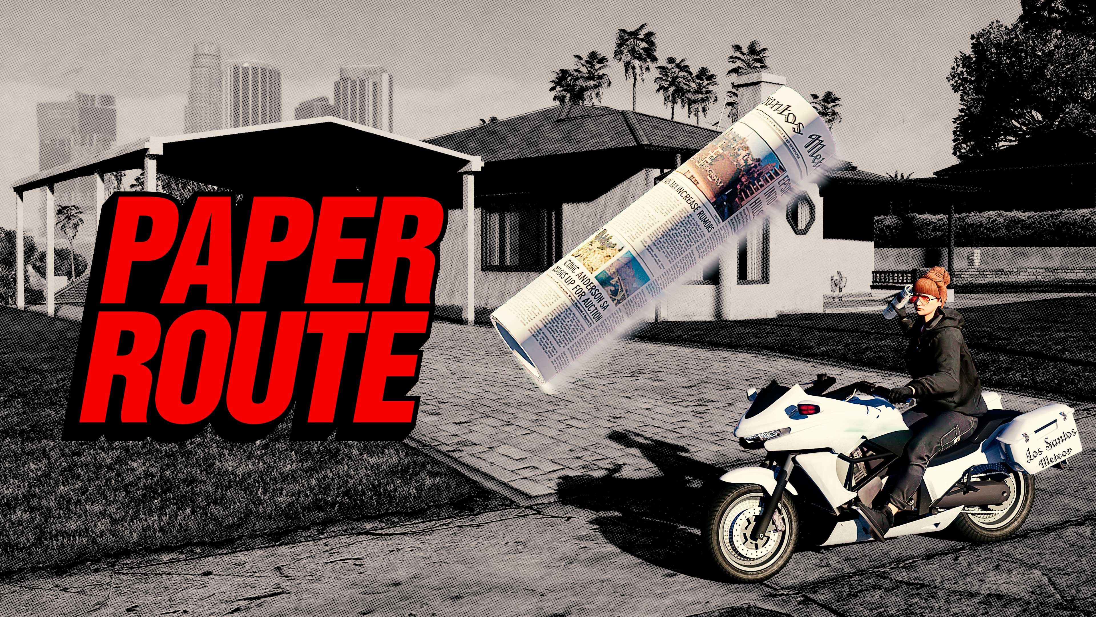 Paper Route poster featuring a GTA Online character riding a motorbike and throwing newspapers.