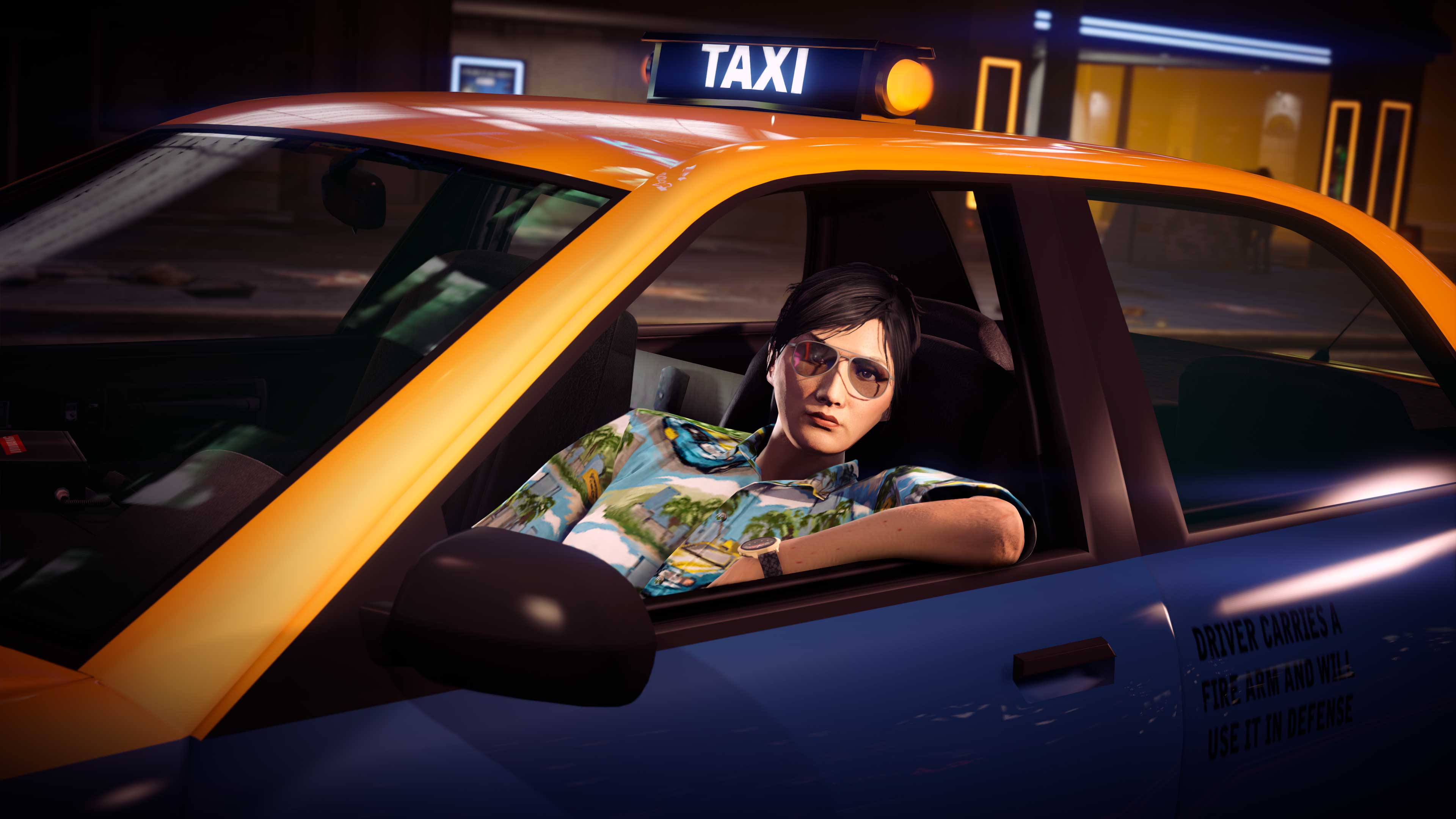 A GTA Online character driving a taxi. 