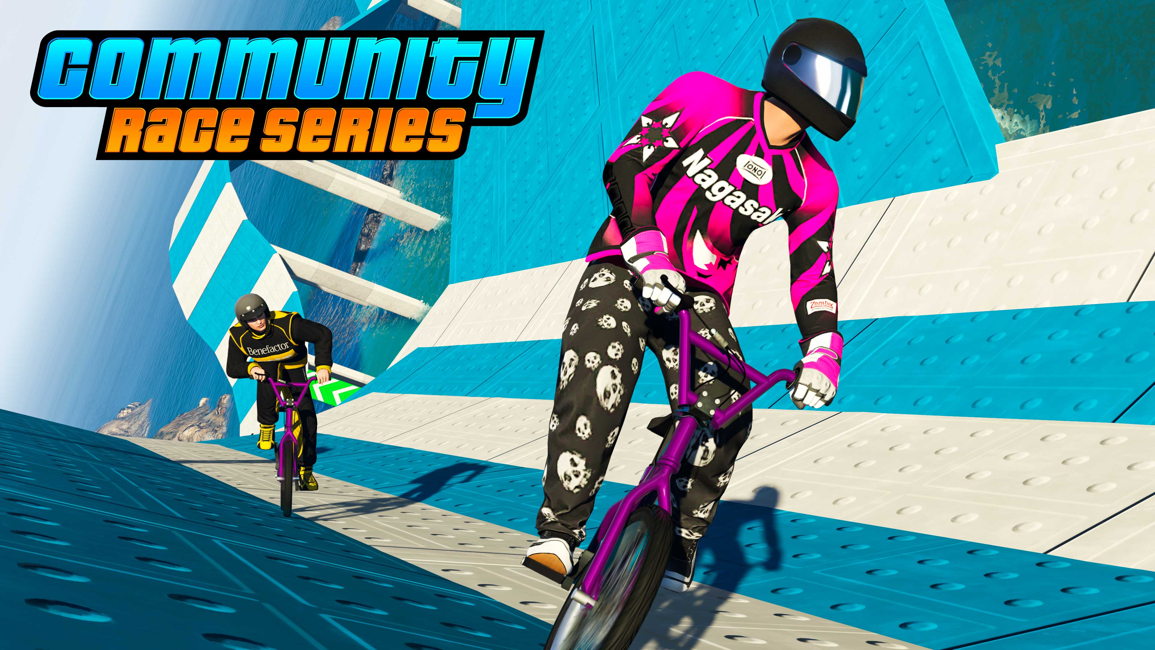 Community Race Series poster with two competing GTA Online characters riding bicycles on a blue and white warped track. 