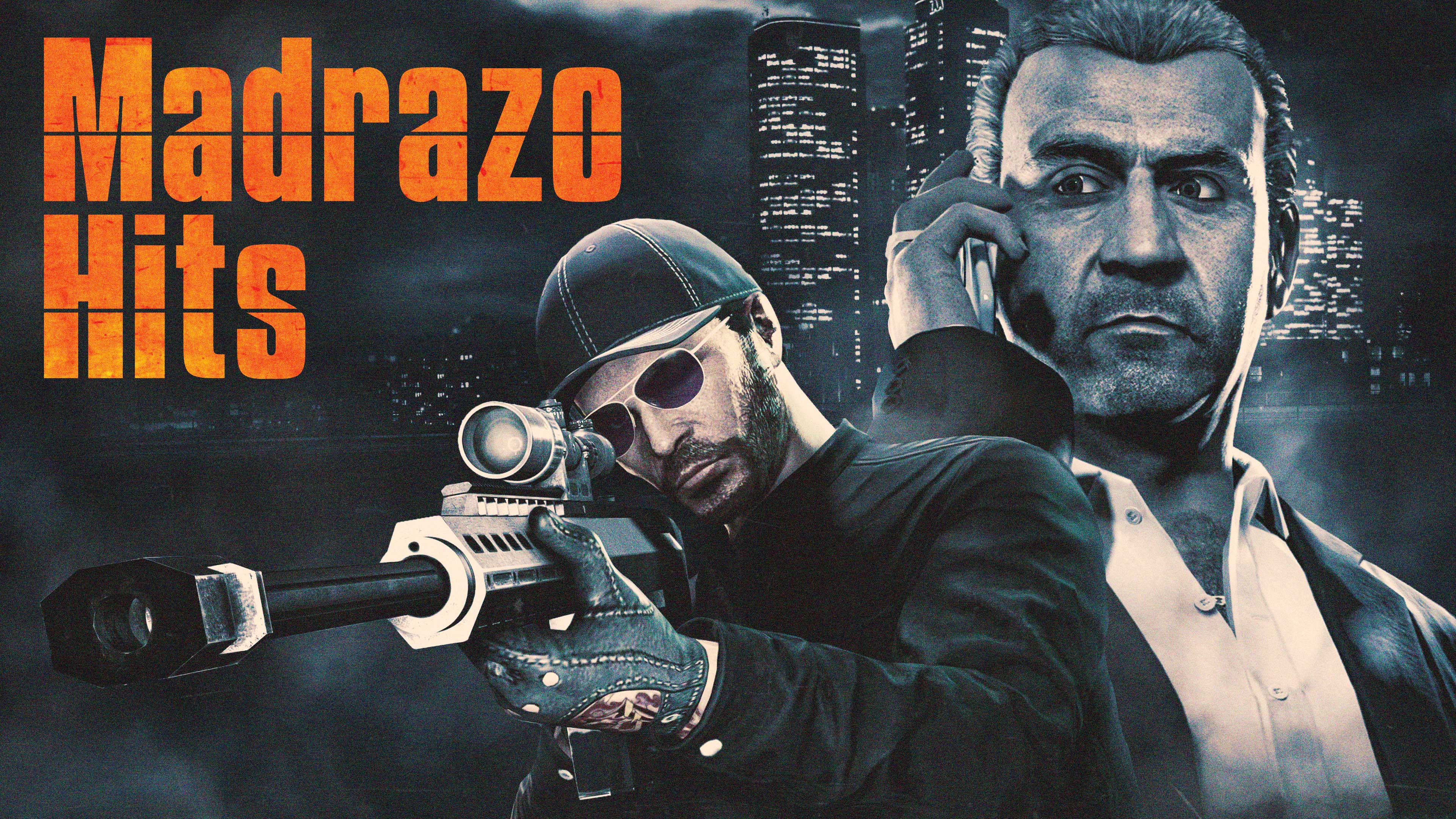 Madrazo Hits event poster with a montage featuring Martin Madrazo on a mobile phone as a GTA Online character looks down the scope of a rifle. 