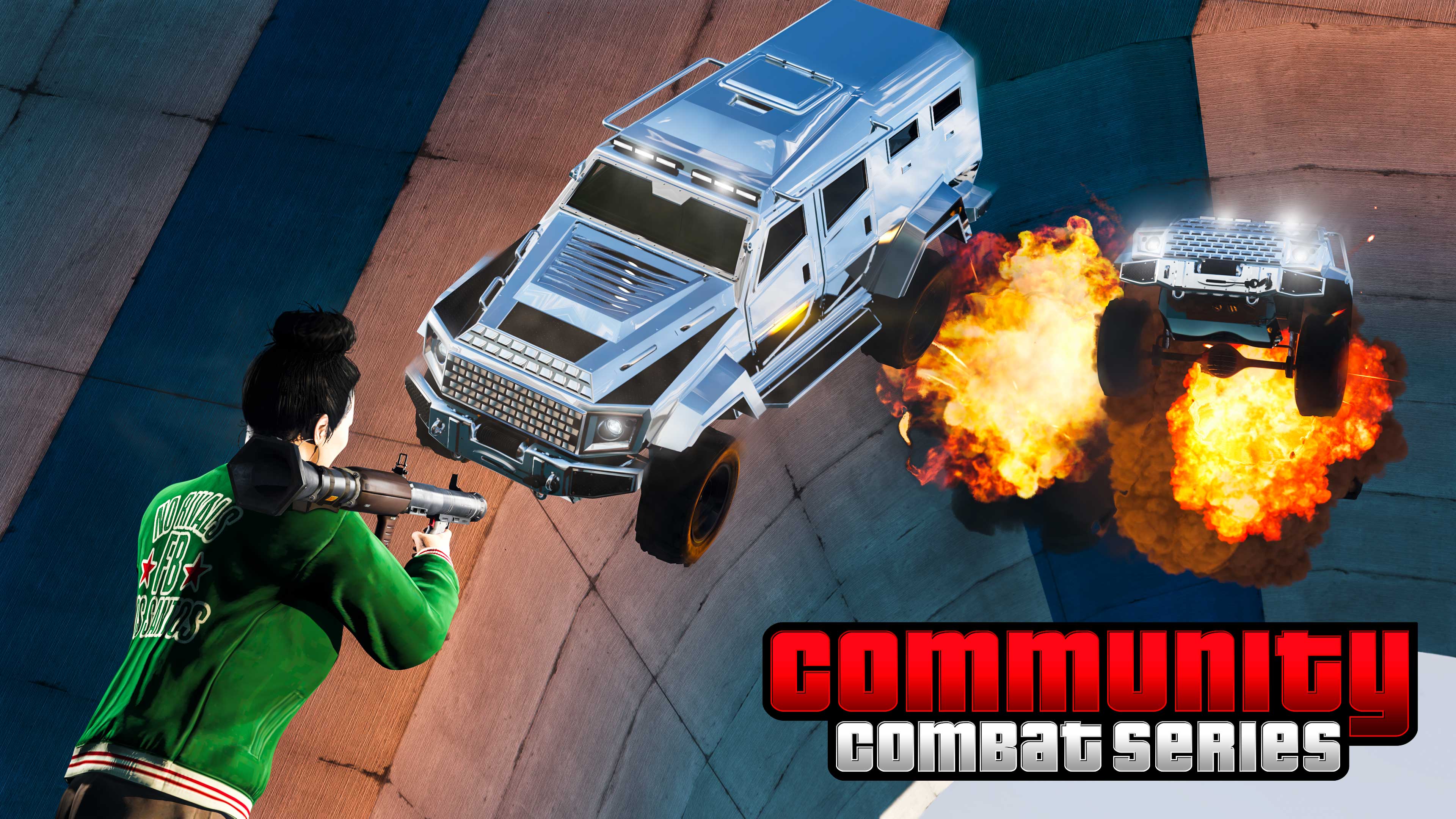 Community Combat Series poster featuring a GTA Online character firing a rocket towards oncoming armored vehicles as an explosion erupts behind them. 