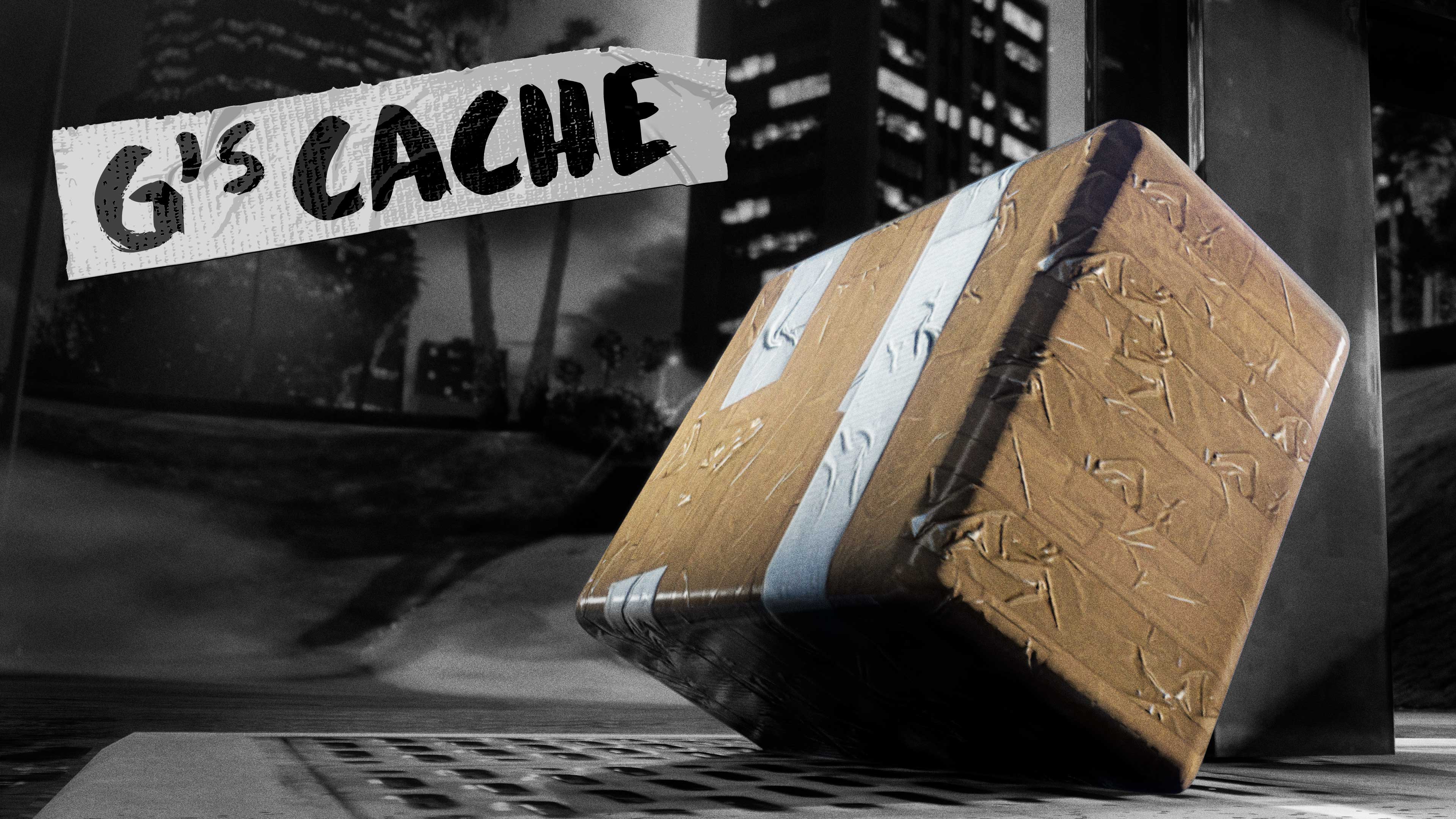 G's Cache event poster featuring a small cardboard box wrapped in duct tape leaning against a column. 