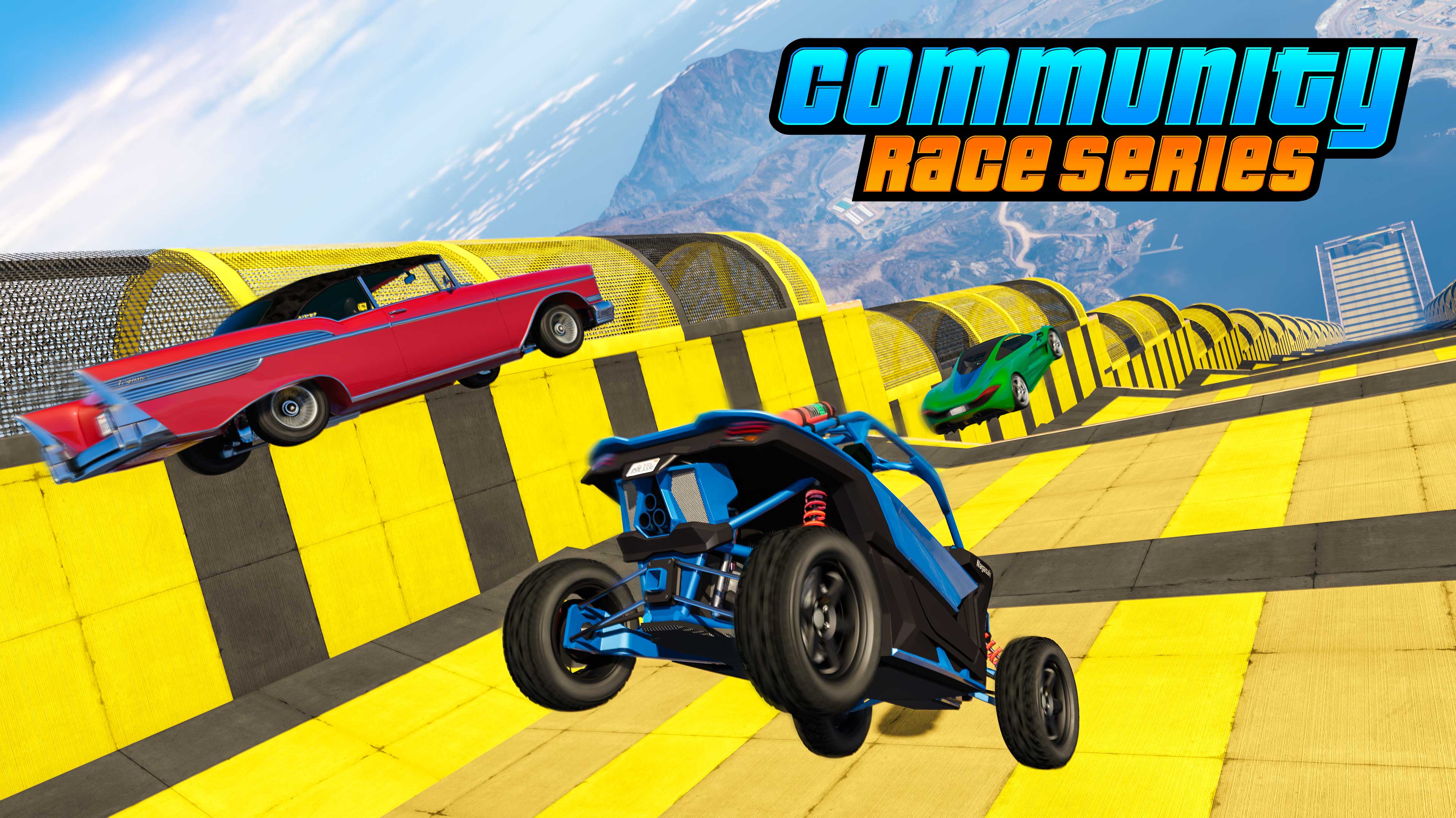 Community Race Series poster featuring three vehicles racing down a huge ramp. 