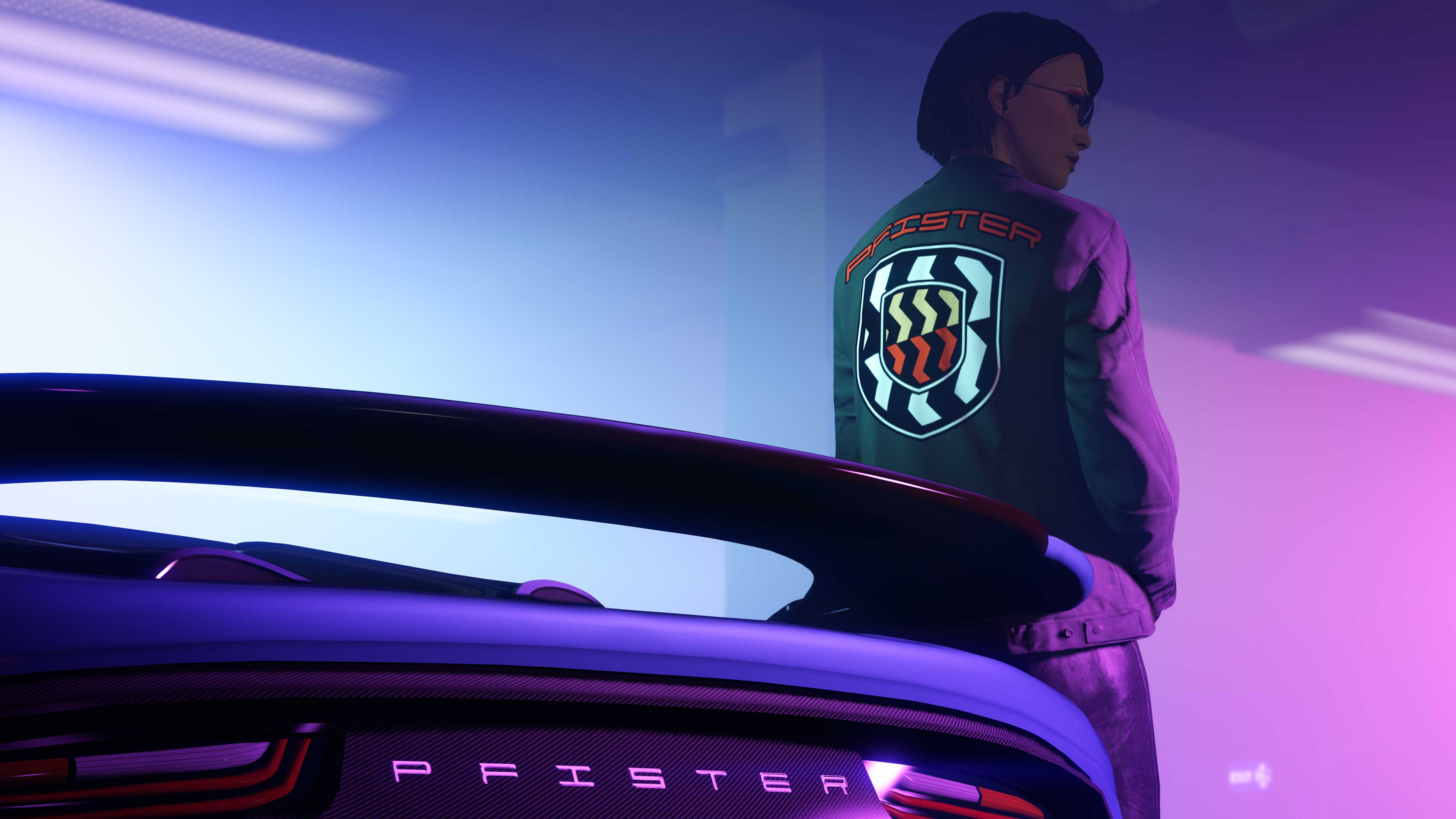 A GTA Online character wearing the Pfister Chore Jacket while near a Pfister car. 