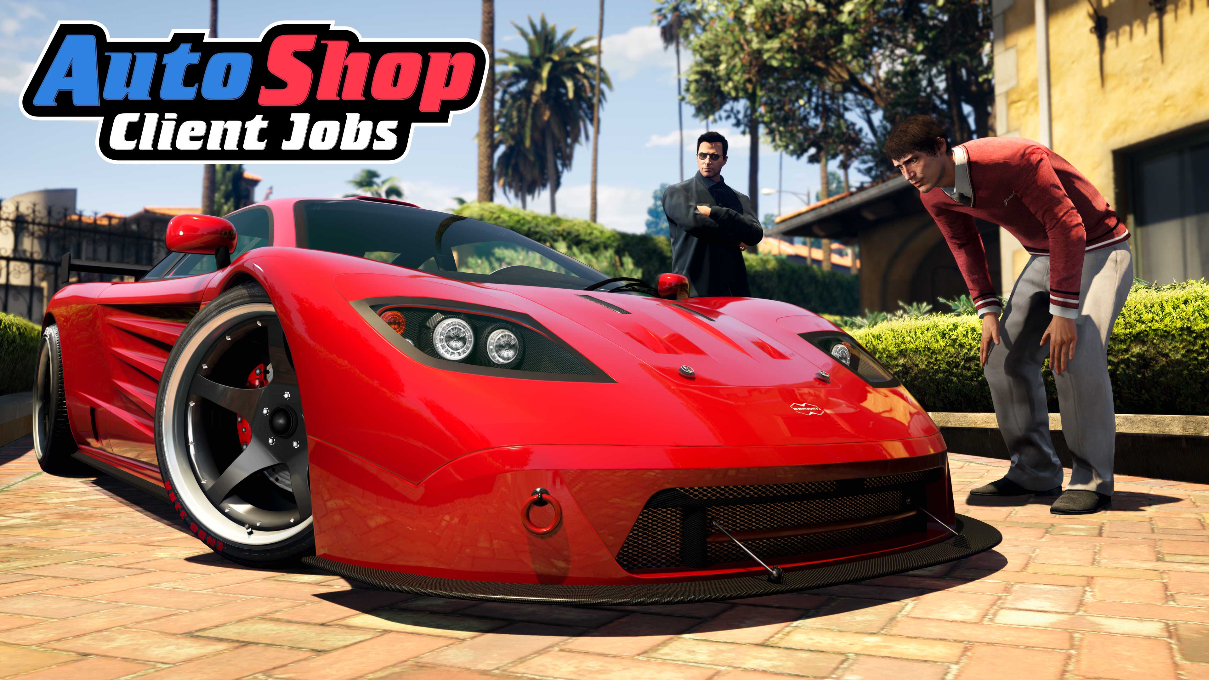 Auto Shop Client Jobs poster as a buyer and seller admire a red super car. 
