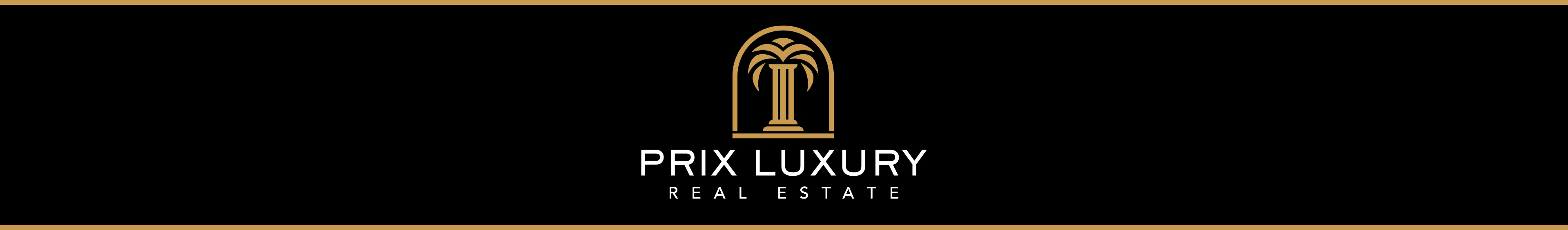 Prix Luxury Real Estate banner featuring a logo of a golden emblem featuring a flat base and a tall arch containing a tall column with leaves resembling a palm tree. 