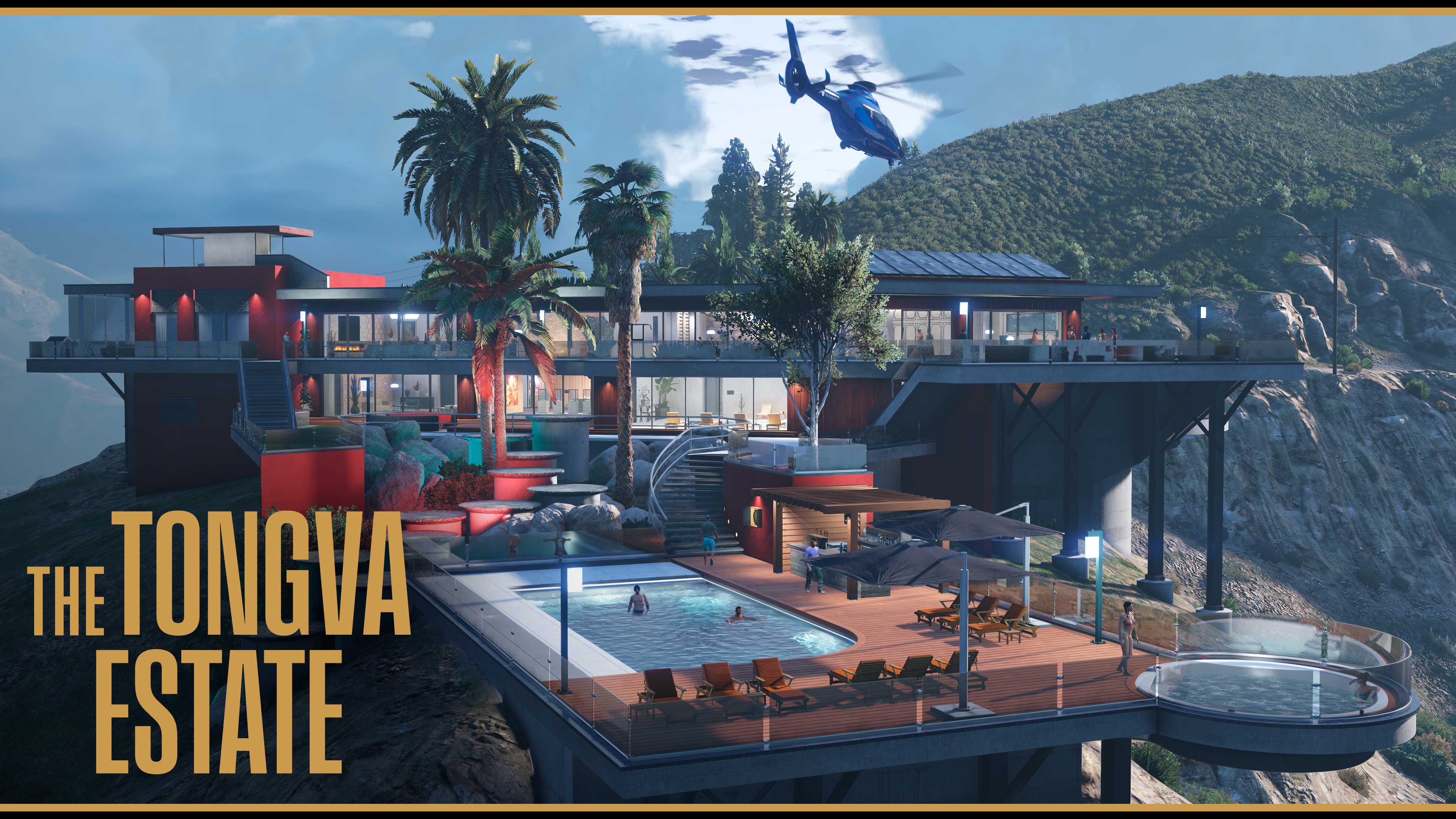The Tongva Estate luxury property on the side of a mountain with a large pool and hot tub extending outwards. Palm trees obscure parts of the modern platforms and buildings with red accents. 
