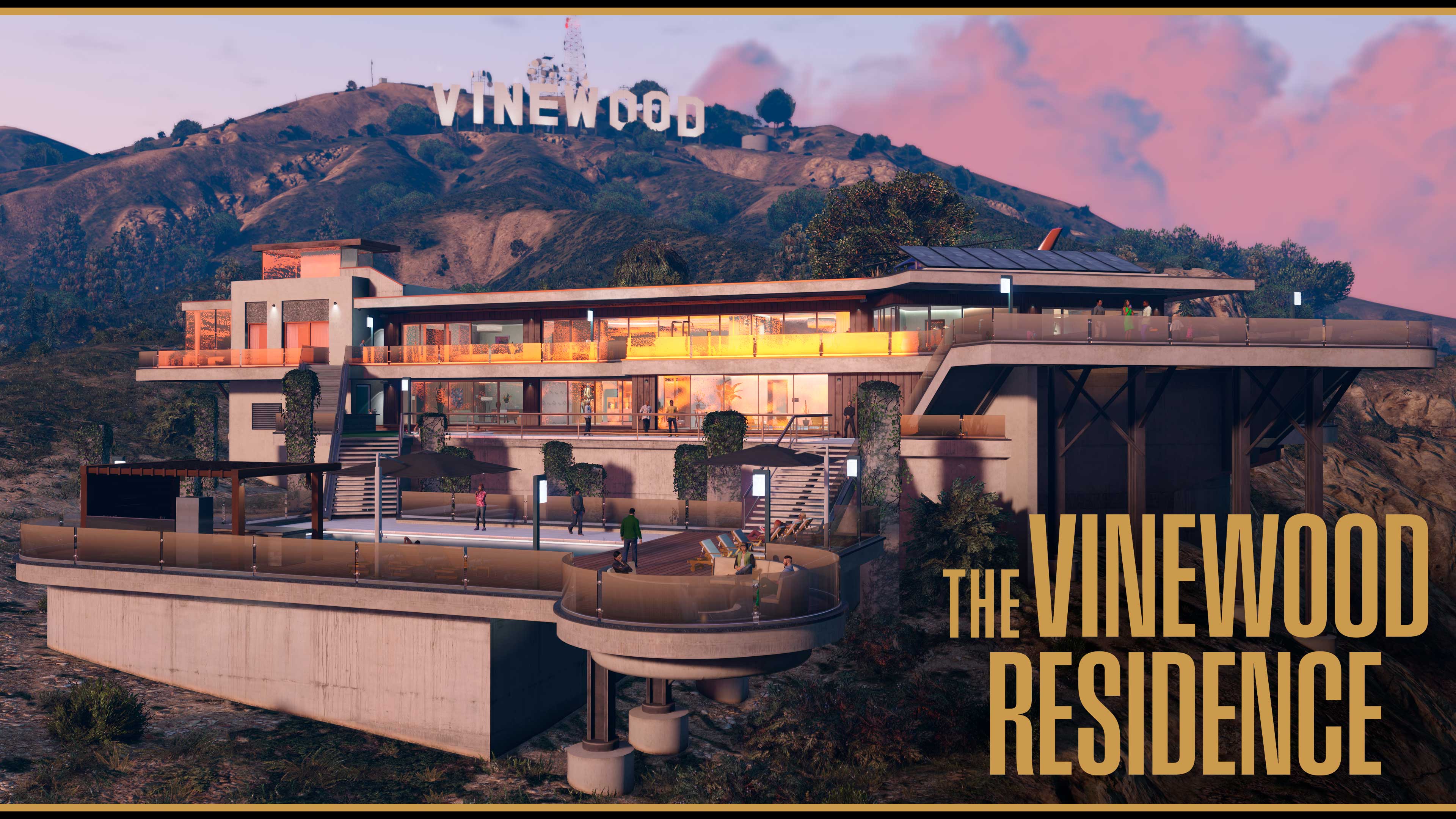 The Vinewood Residence luxury estate below the Vinewood sign in the hills. A large pool and hot tub are nested into the side of the building’s foundations with glass barriers along the walkways and neutral-colored walls. 