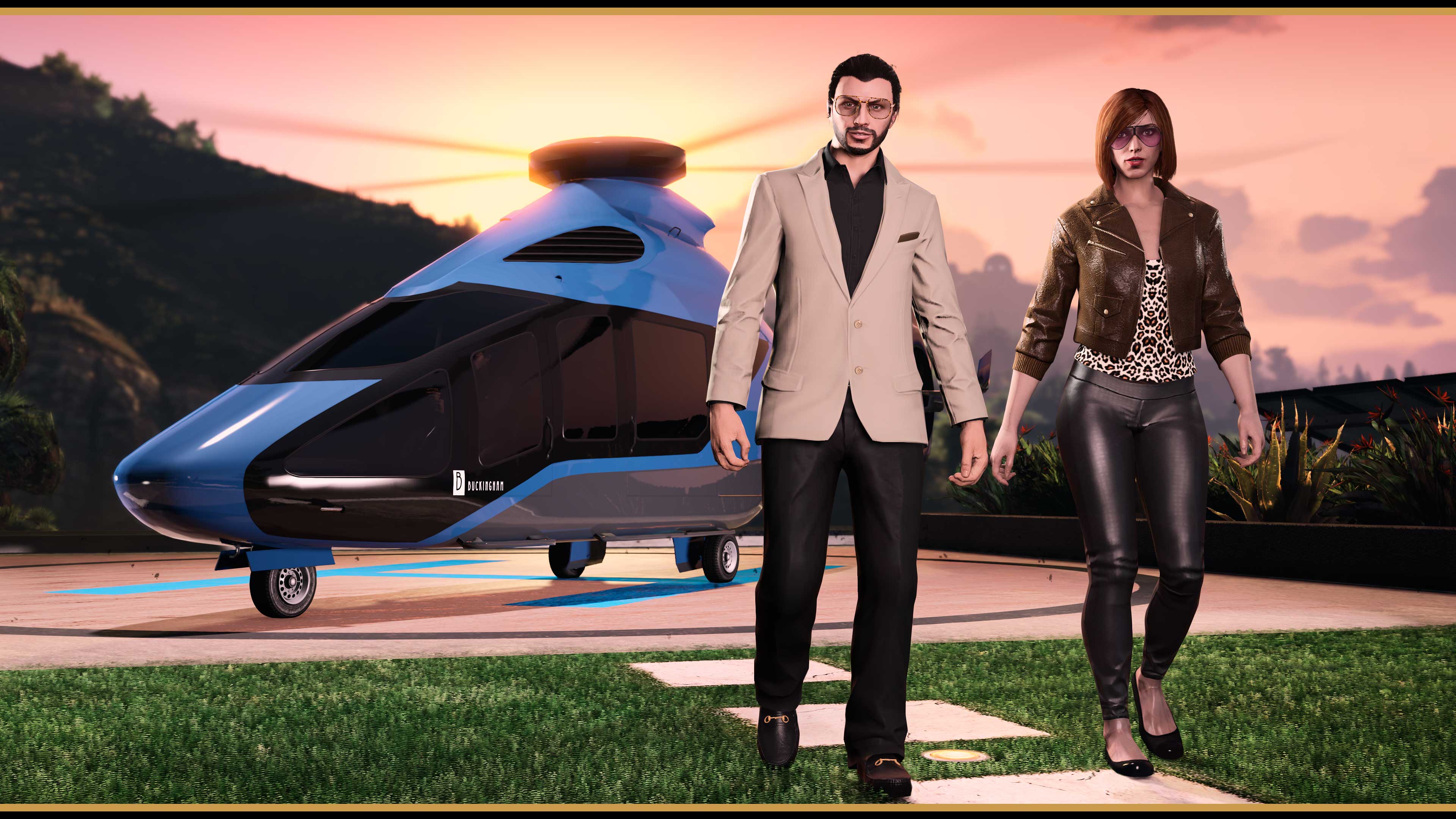Two GTA Online characters walk away from the blue Mansion Volatus helicopter. 