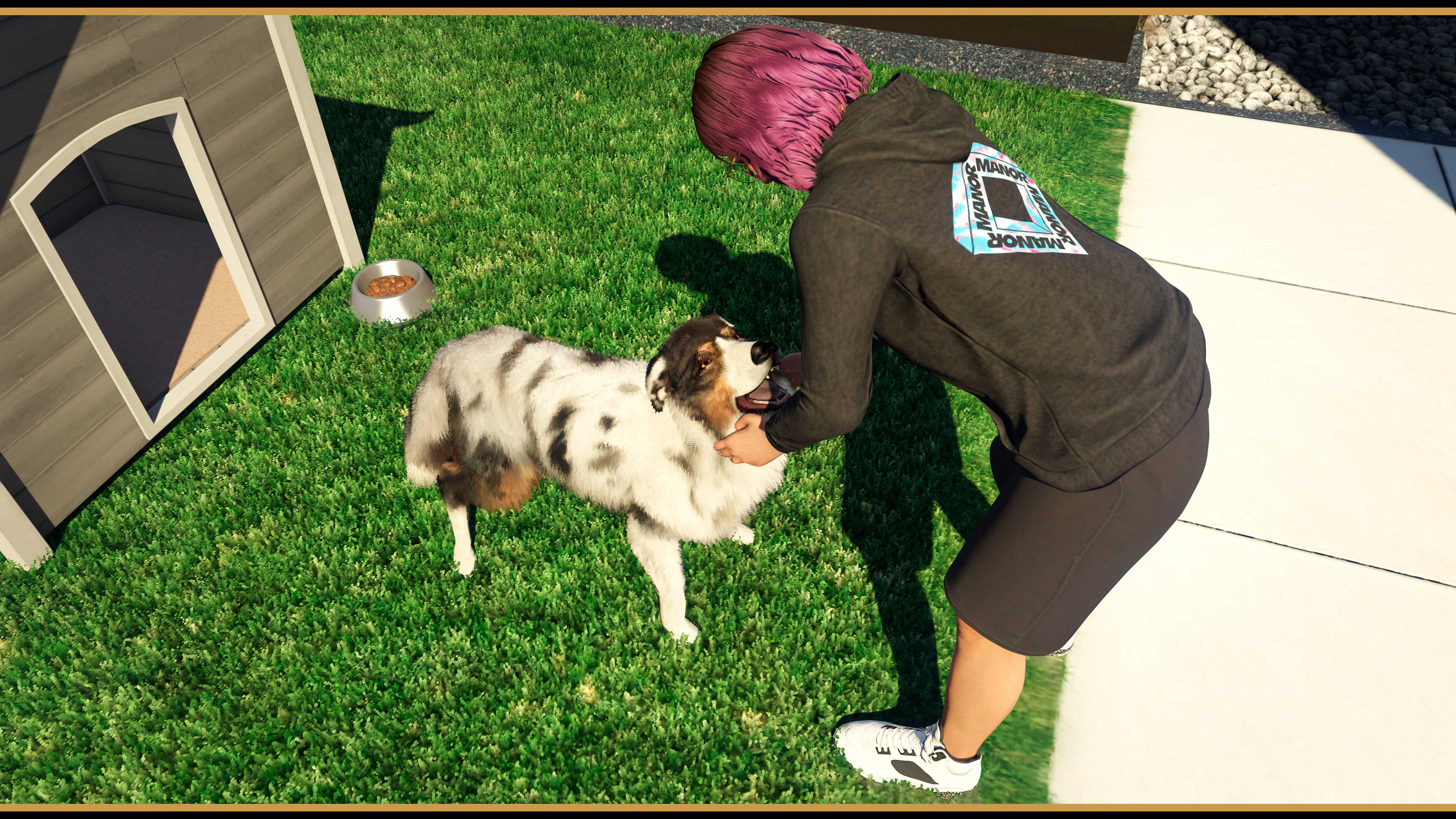 A GTA Online character gives praise to their dog outside its kennel. 