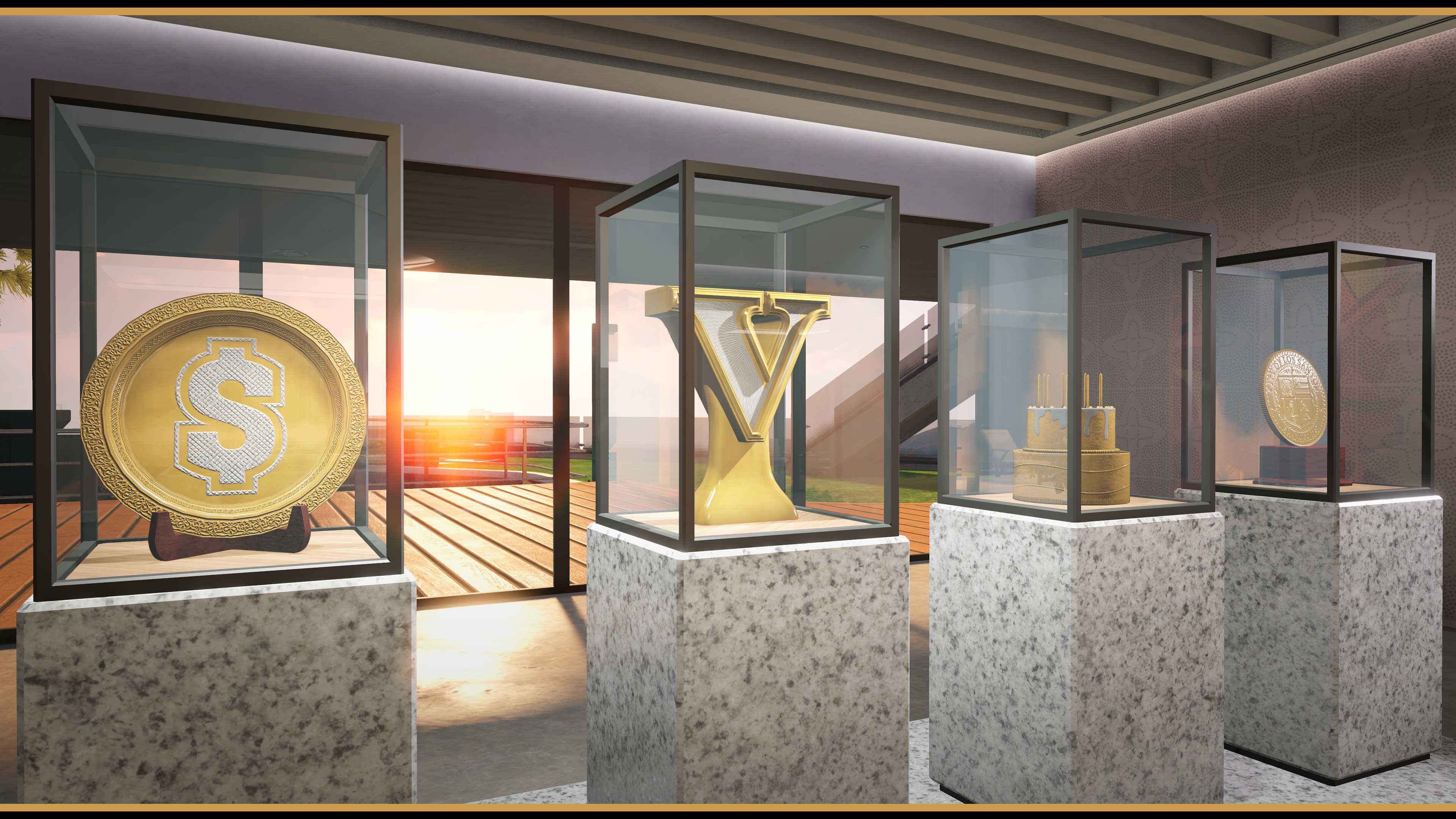 Four golden trophies in glass trophy cabinets atop podiums. 