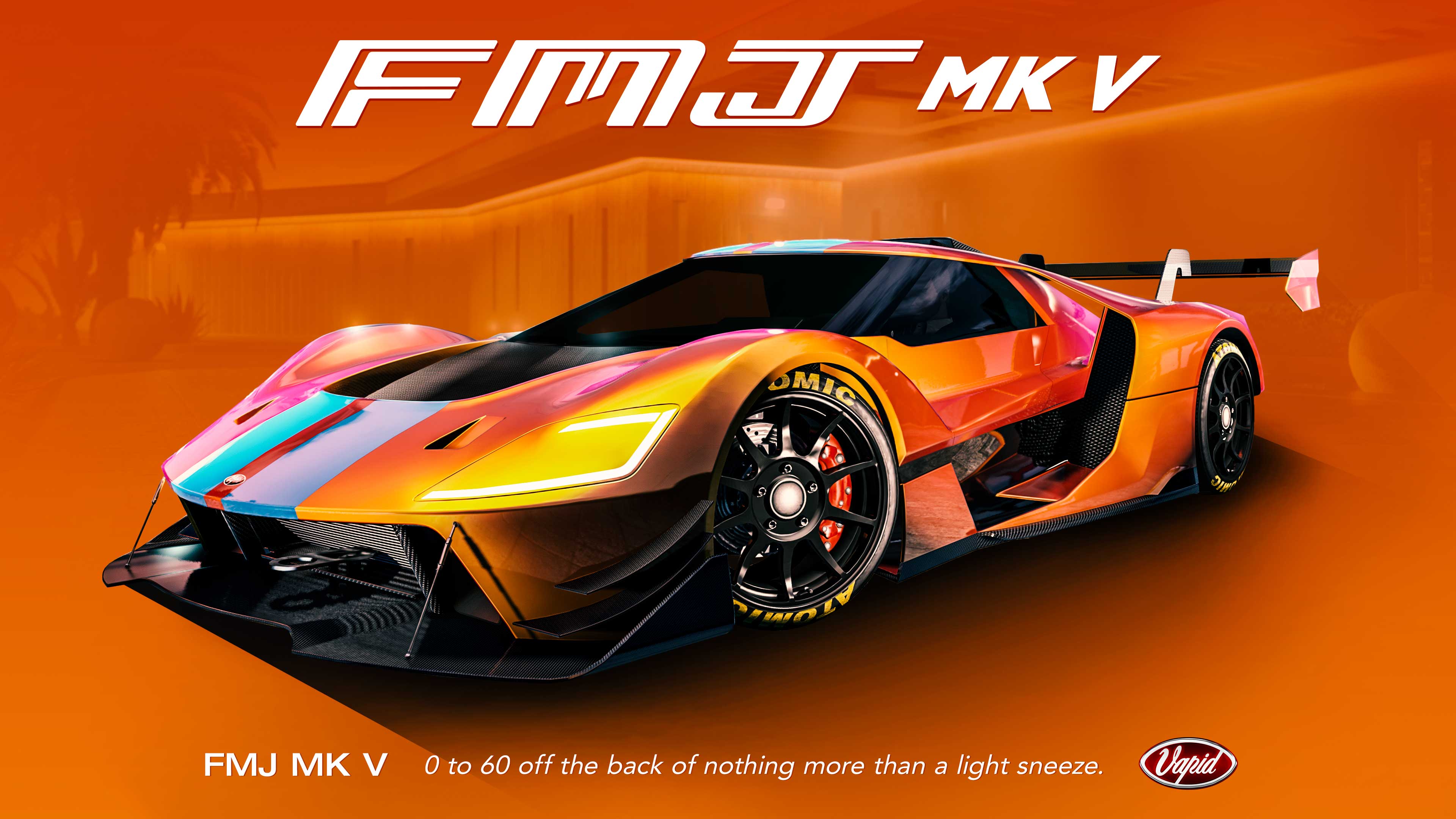 Poster for the Vapid FMJ MK V car, promotional text reads “0 to 60 off the back of nothing more than a light sneeze.” 