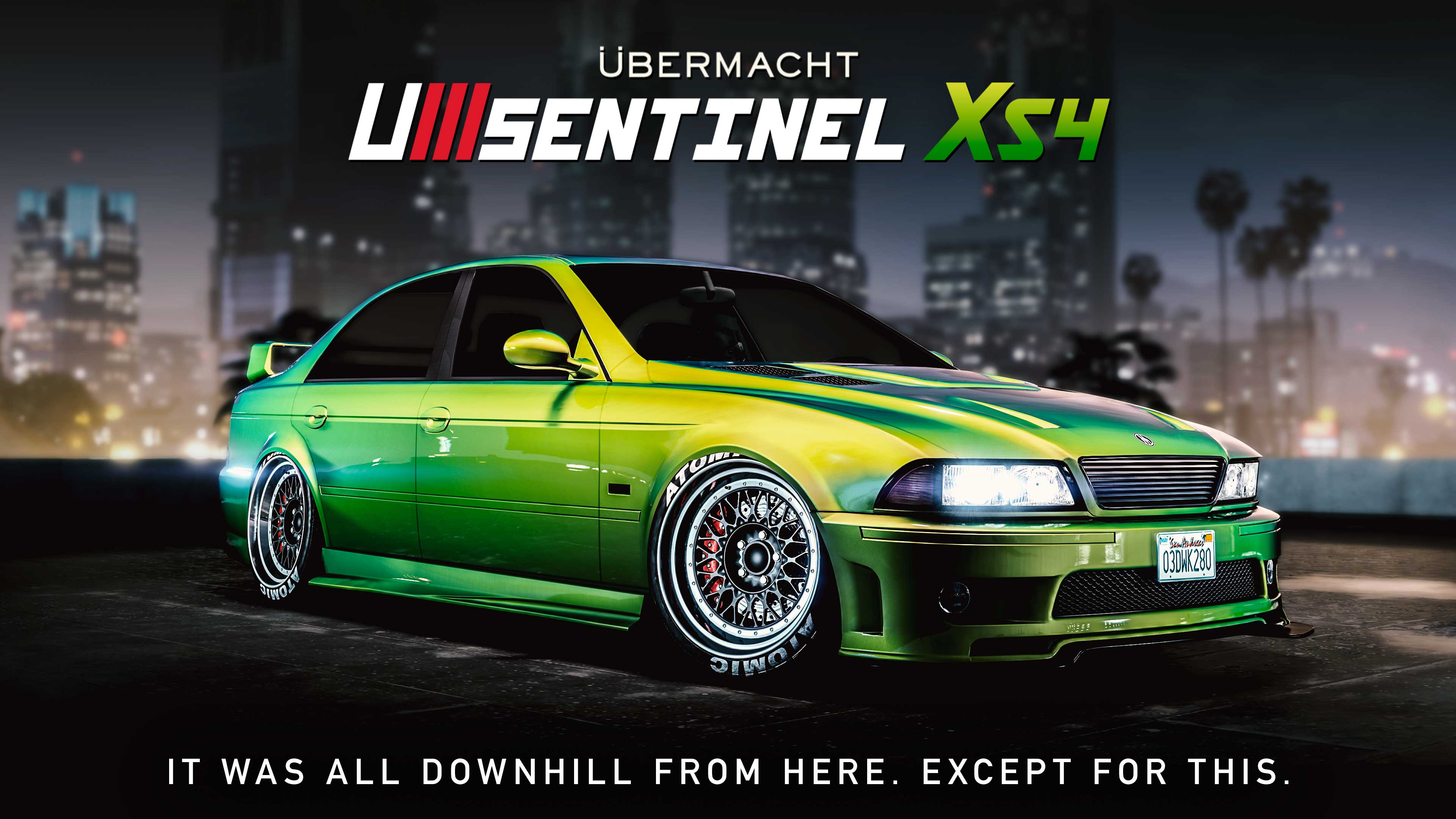 Poster featuring a four-door green Übermacht Sentinel XS4. Text reads: “It was all downhill from here. Except for this.” 