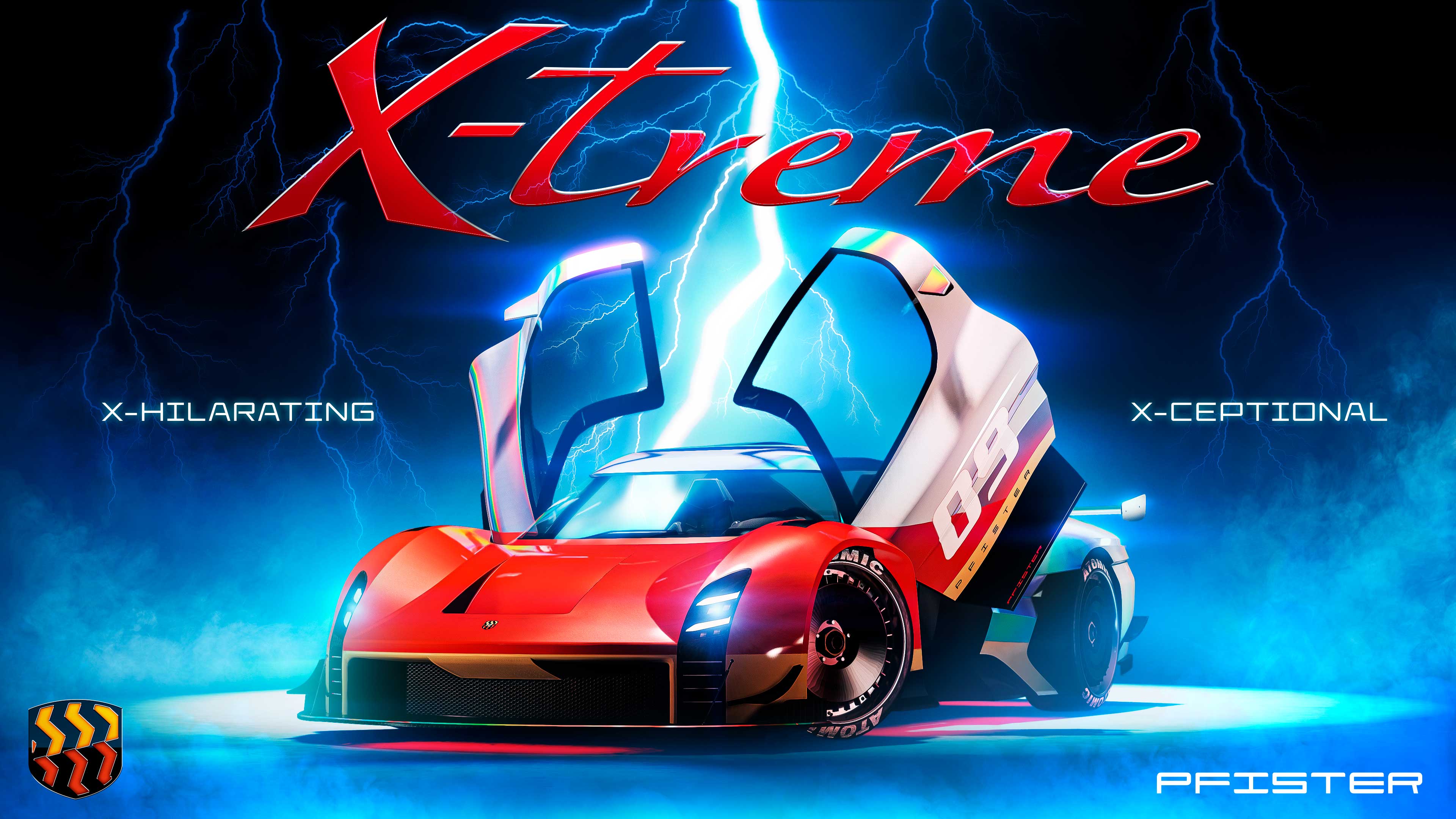 Poster featuring the two scissor doors opened on a red Pfister X-treme with racing liveries. Promotional text reads: X-Hilarating. X-Ceptional. 