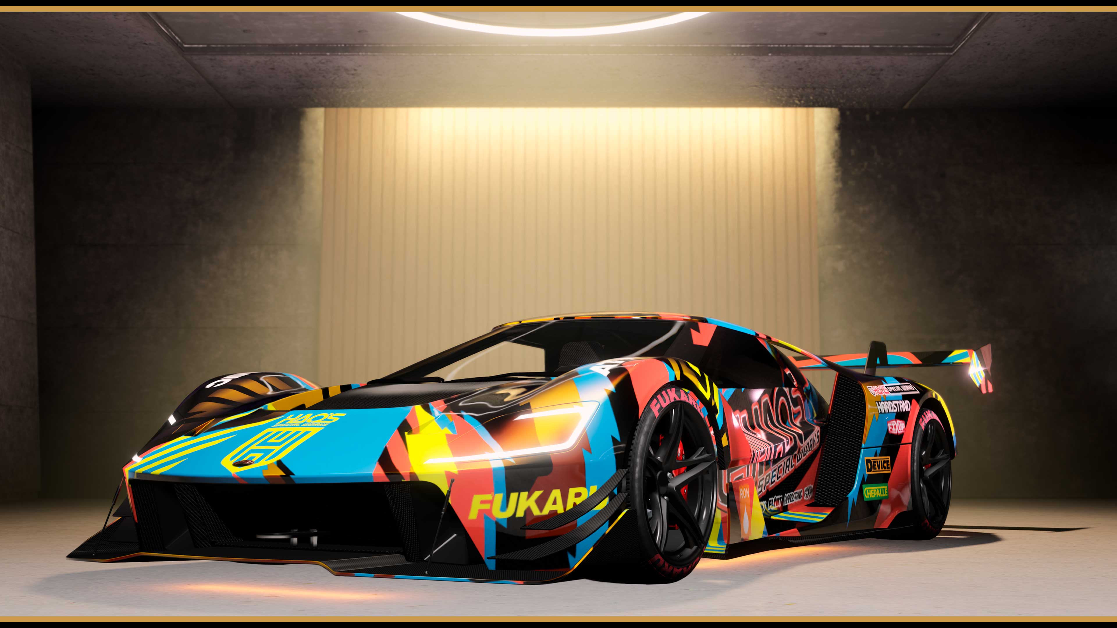 A two-door Vapid FMJ MK V with a vibrant, multicolor, abstract livery. 