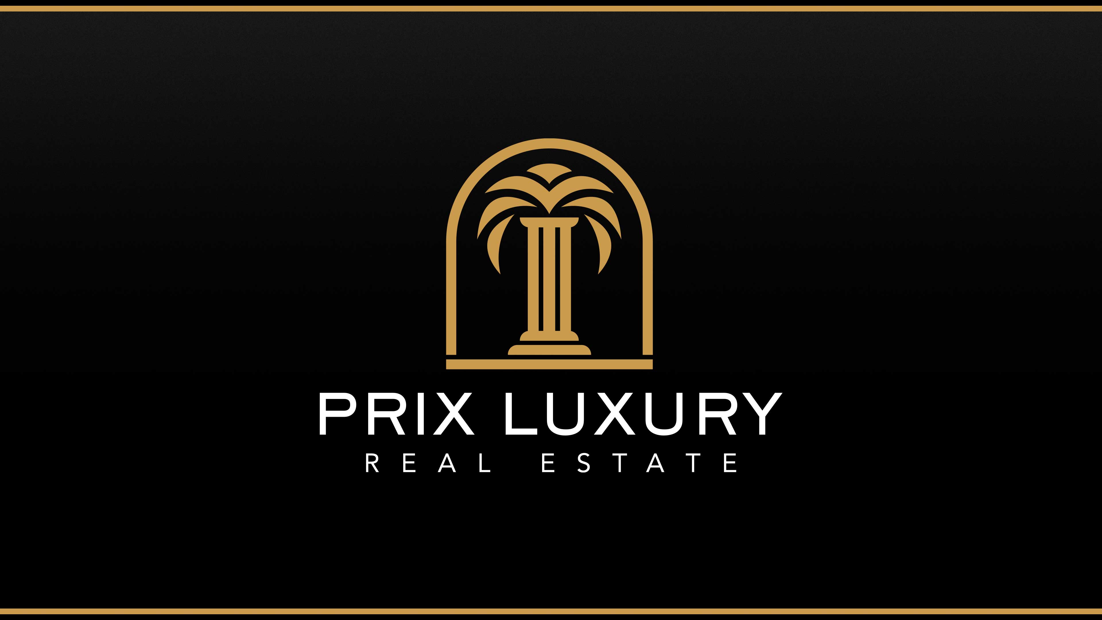 Prix Luxury Real Estate logo featuring a golden emblem featuring a flat base and a tall arch containing a tall column with leaves resembling a palm tree. 