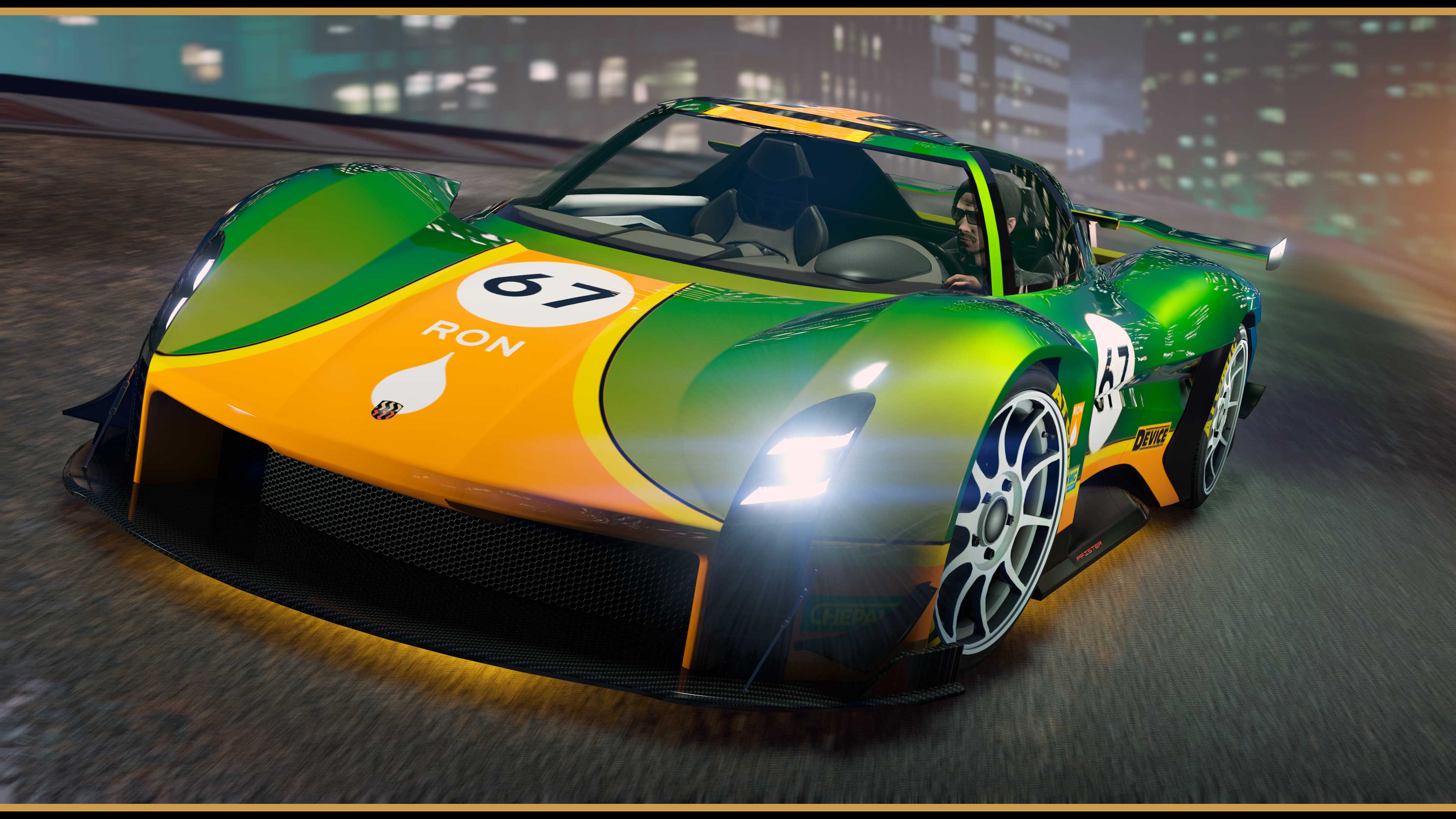 A modified track car with an orange underglow speeds along a track. 