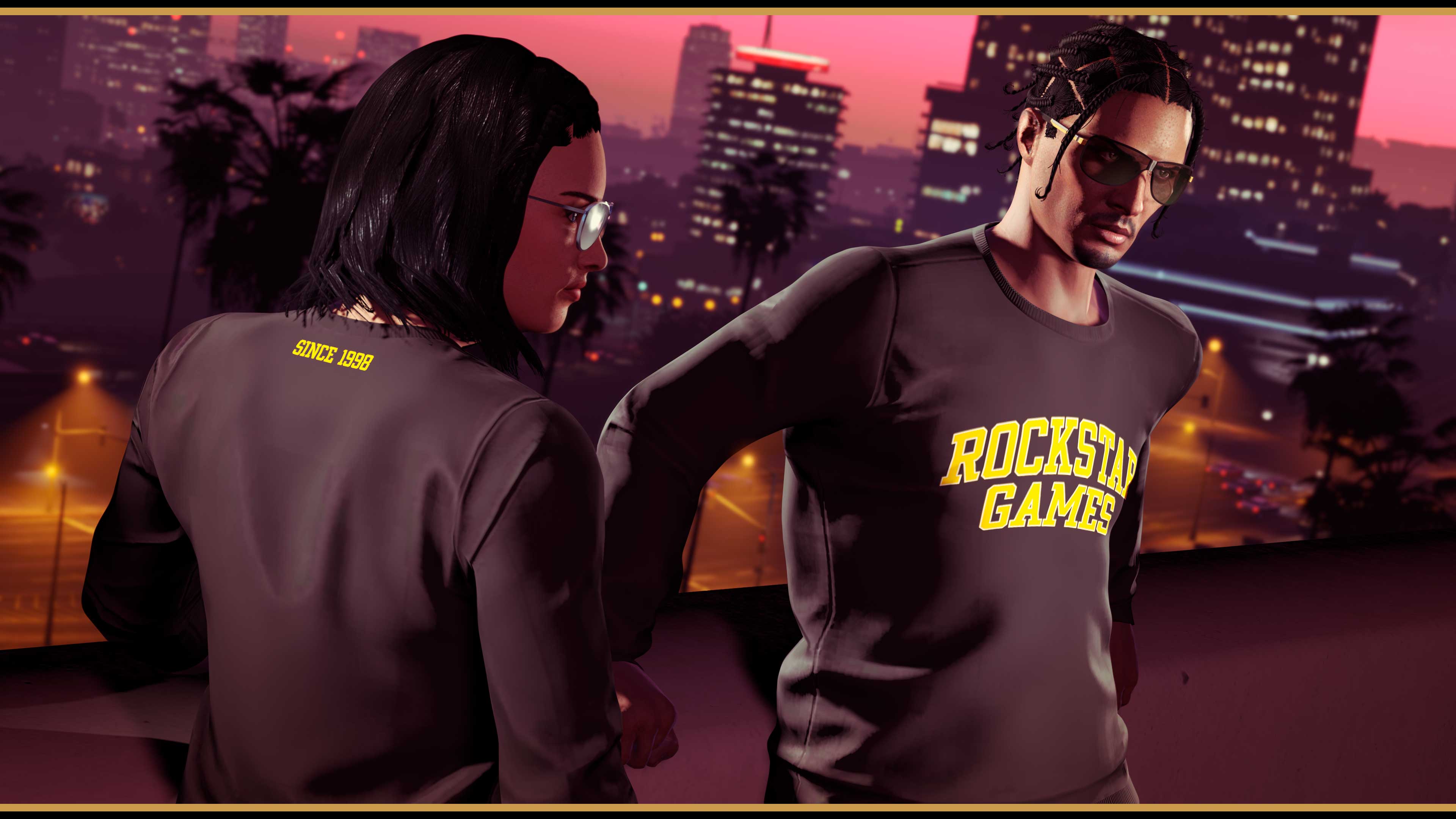 Two characters wearing the Black Rockstar Varsity Crewneck with gold lettering. 