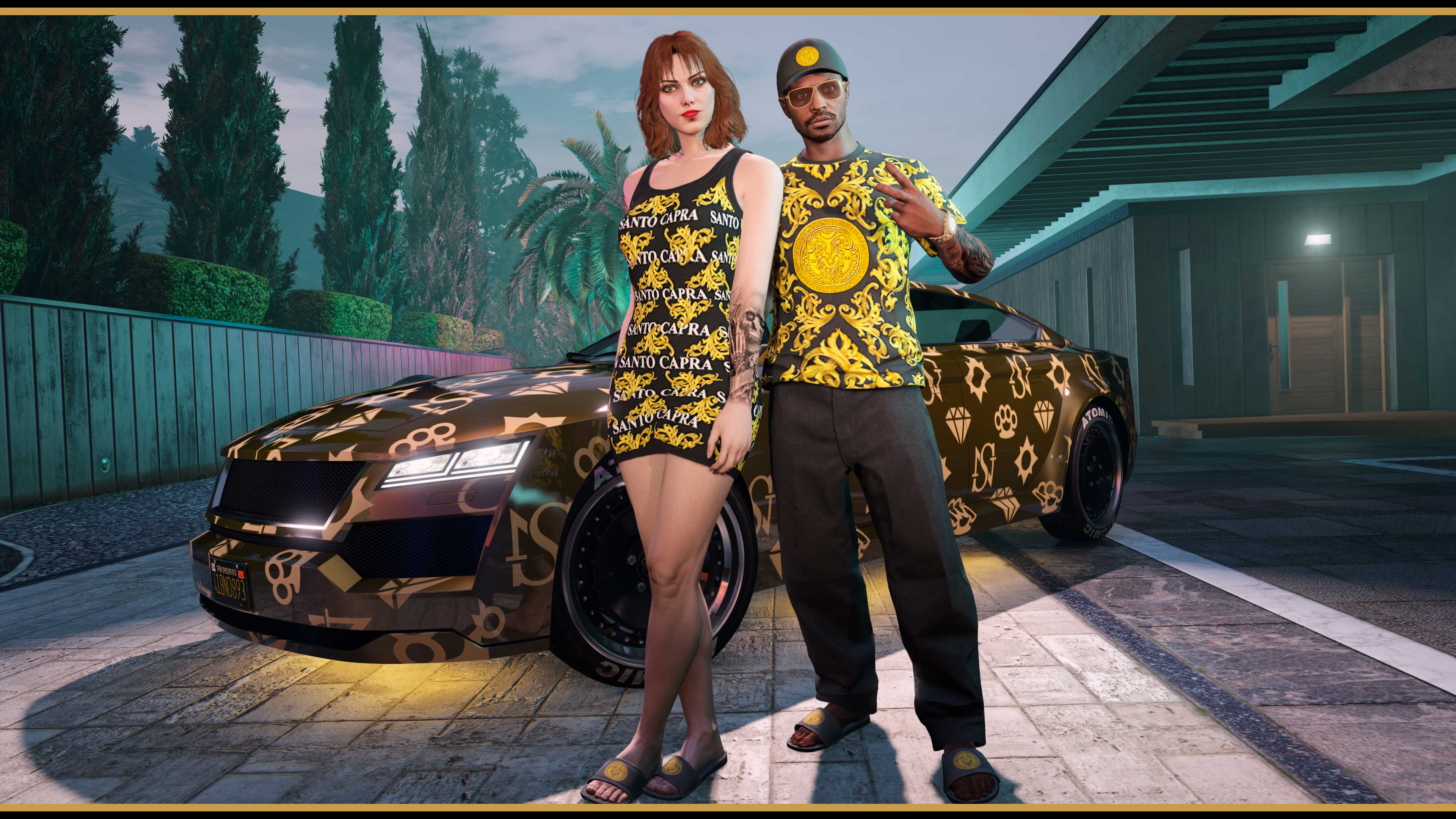 Two characters wearing the black and gold Santo Capra attire and standing in front of an Übermacht Revolter with the Sessanta Nove Monogram livery. 