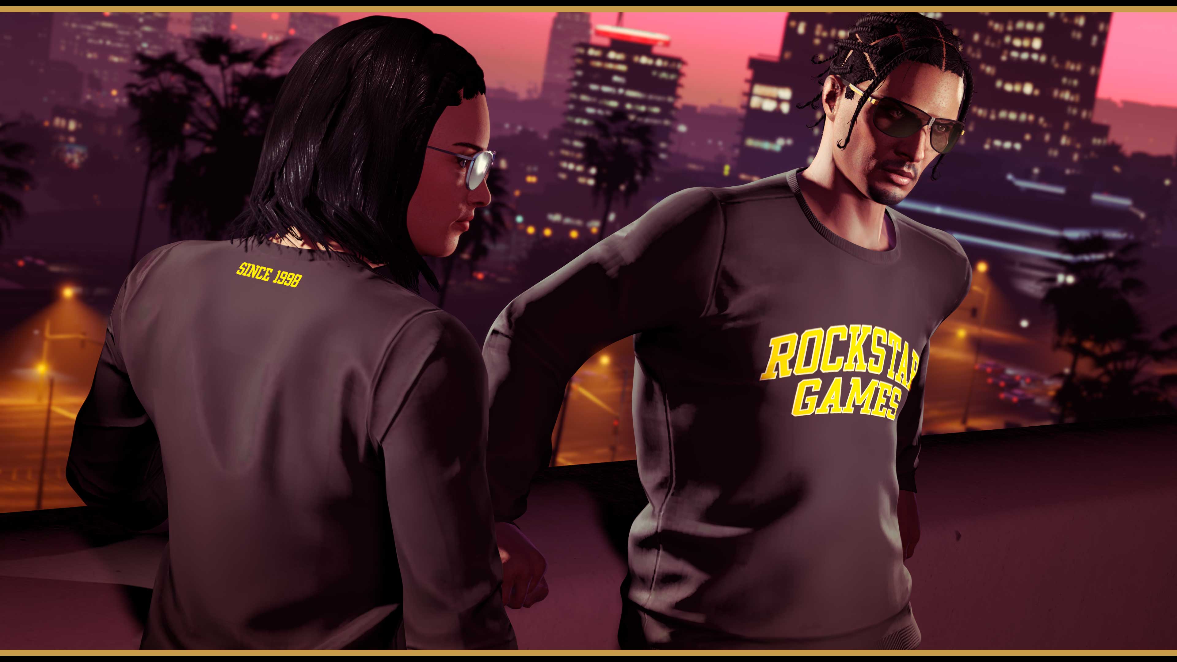 Two characters wearing the Black Rockstar Varsity Crewneck with gold lettering. 