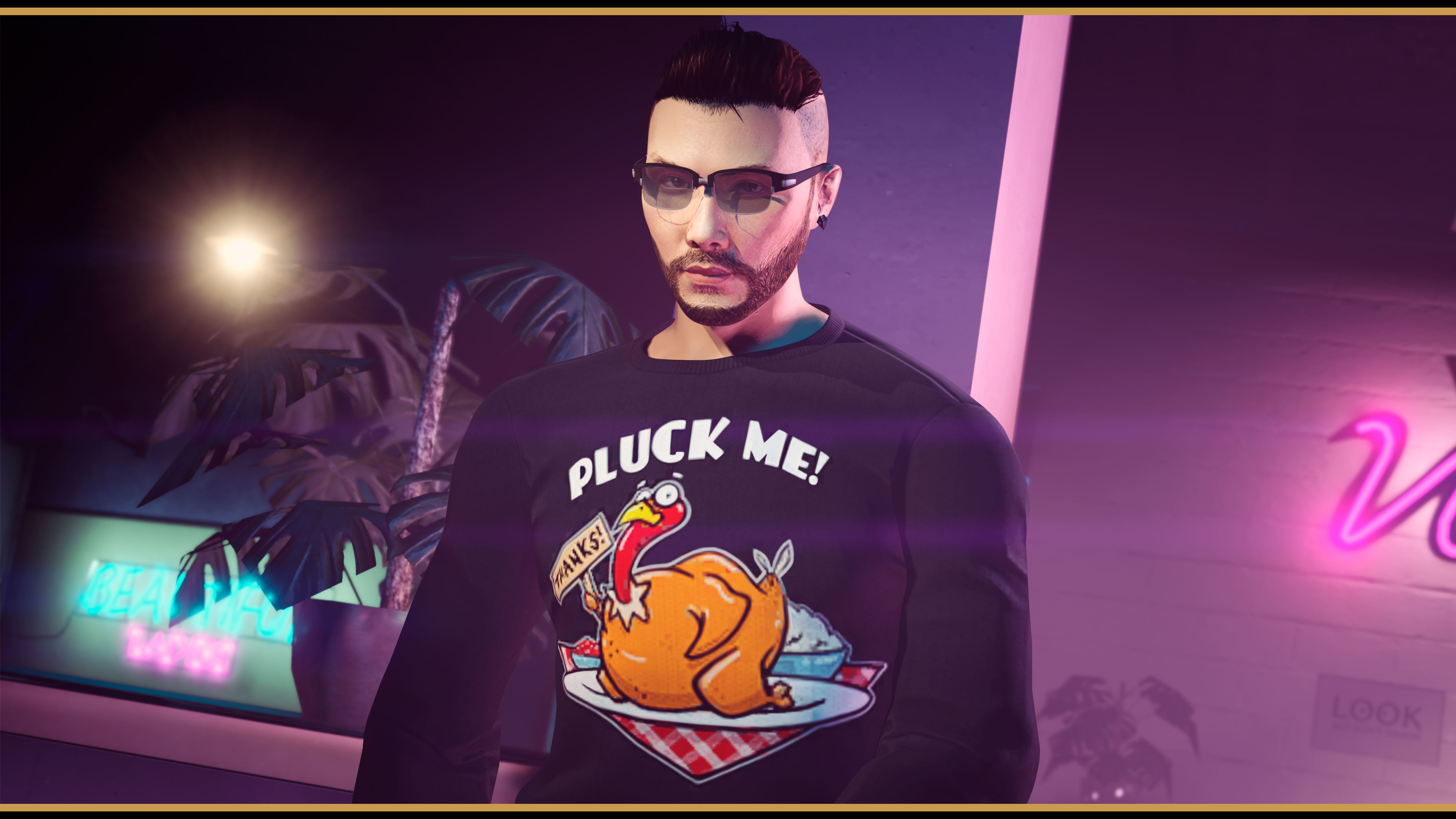 A GTA Online character wearing the Pluck Me Sweater. 