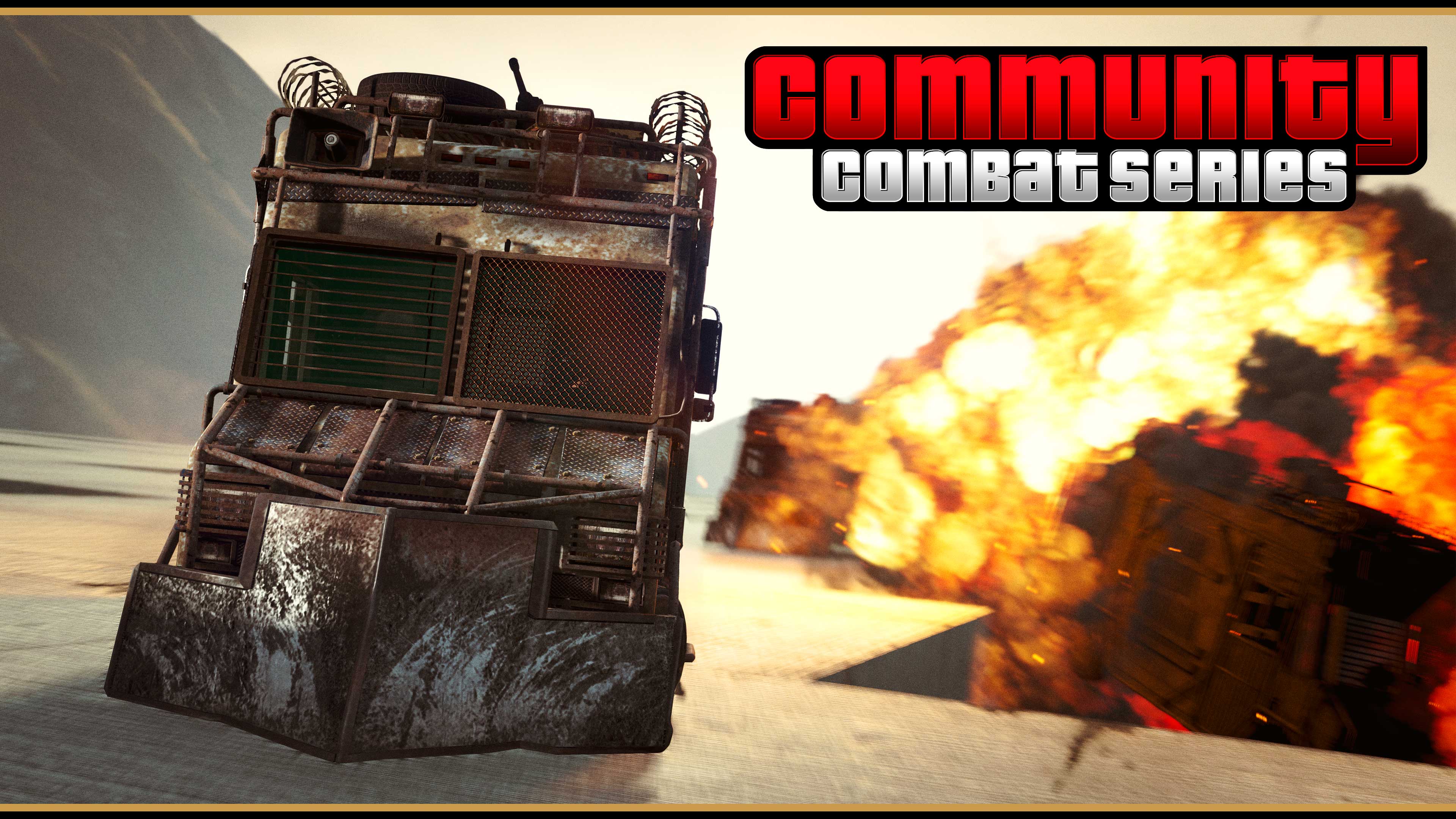 Community Combat Series poster with a rusted metallic armored truck with a long pointed bumper driving away from an explosion. 