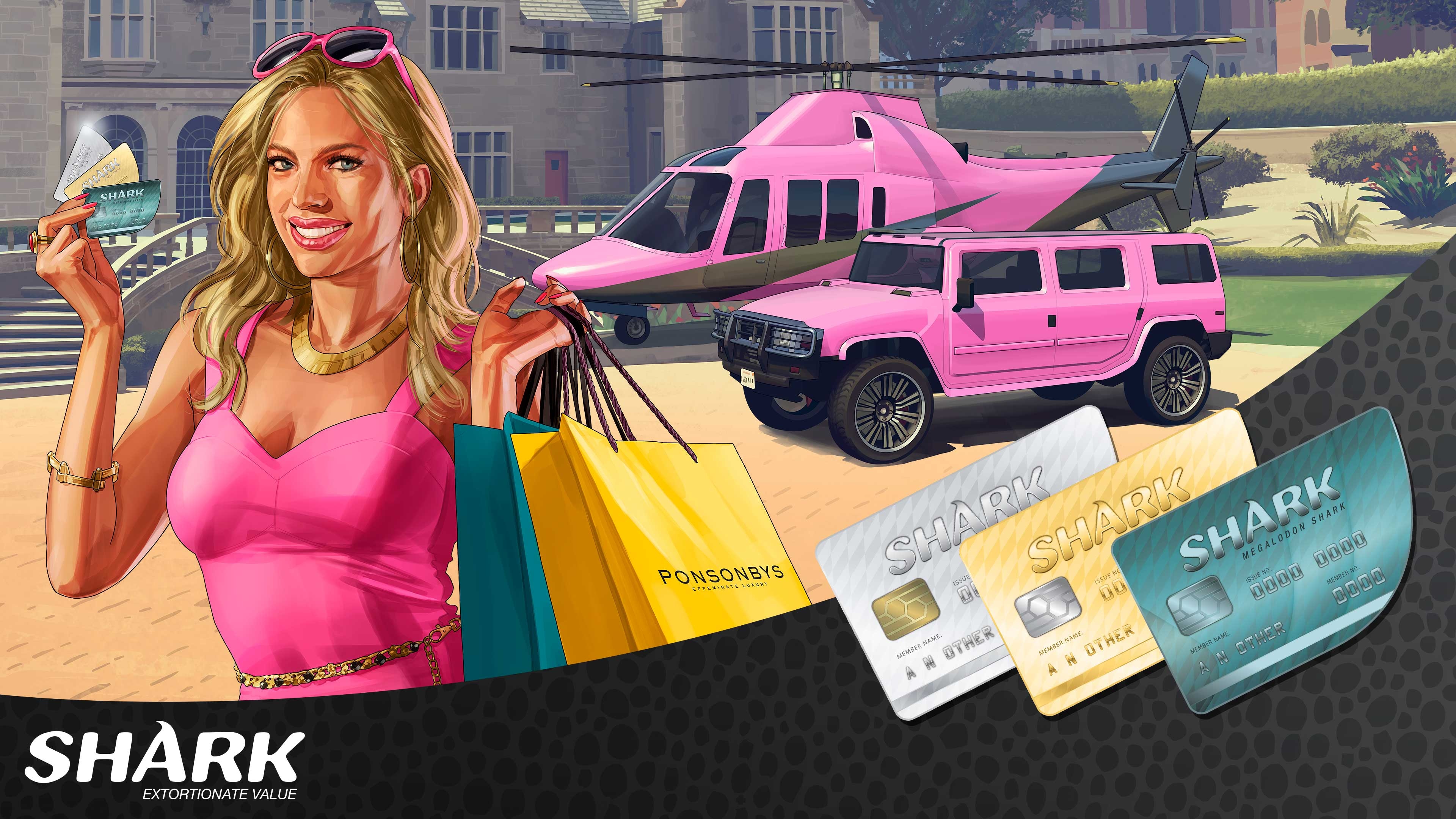SHARK poster featuring a GTA Online character holding shopping bags and three shark cards in front of a bright pink helicopter and vehicle. In the foreground are a Megalodon, Whale, and Great White Shark card. 