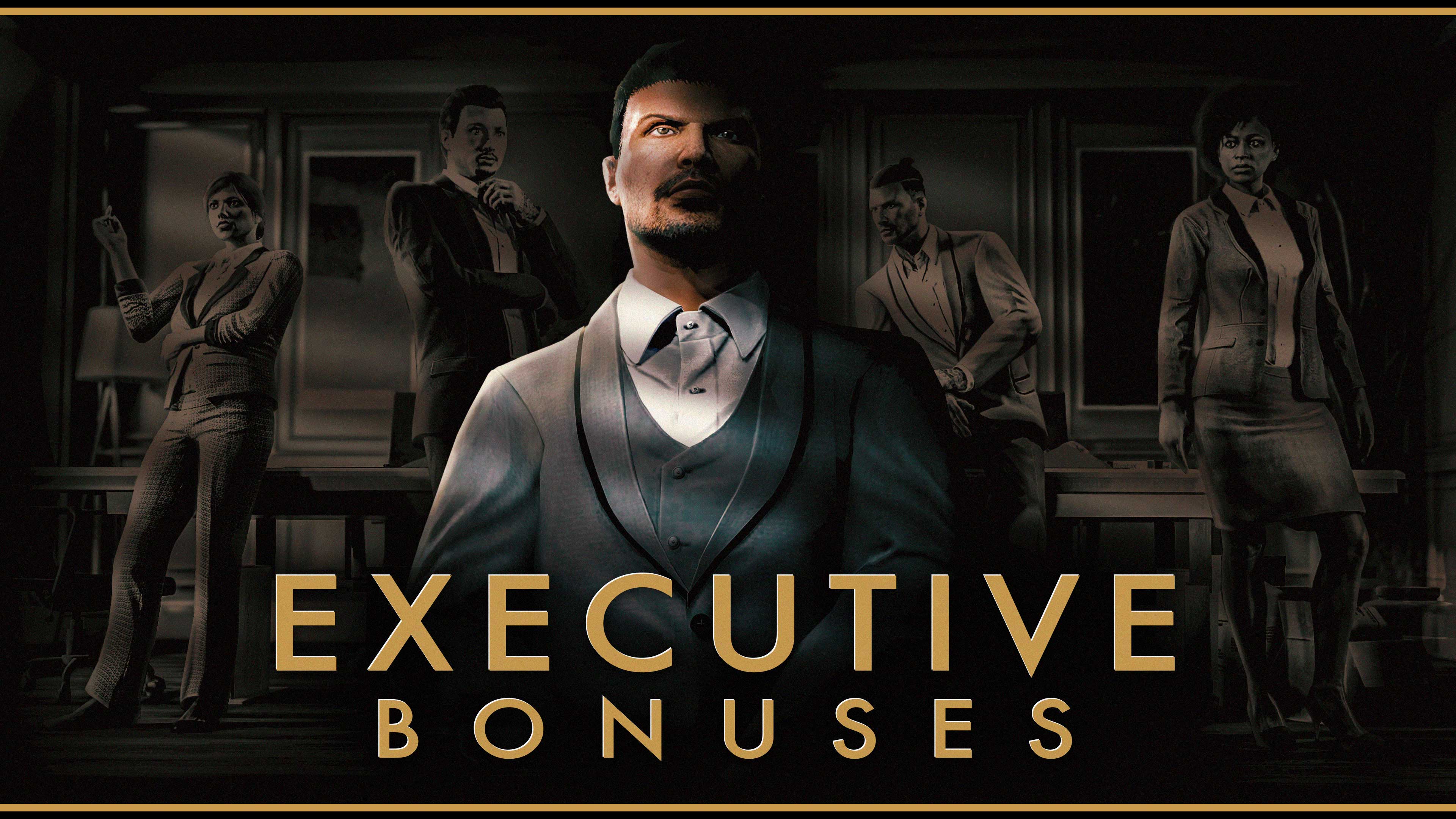 Executive Bonuses poster featuring a GTA Online character in a grey suit and a montage of executives standing behind. 
