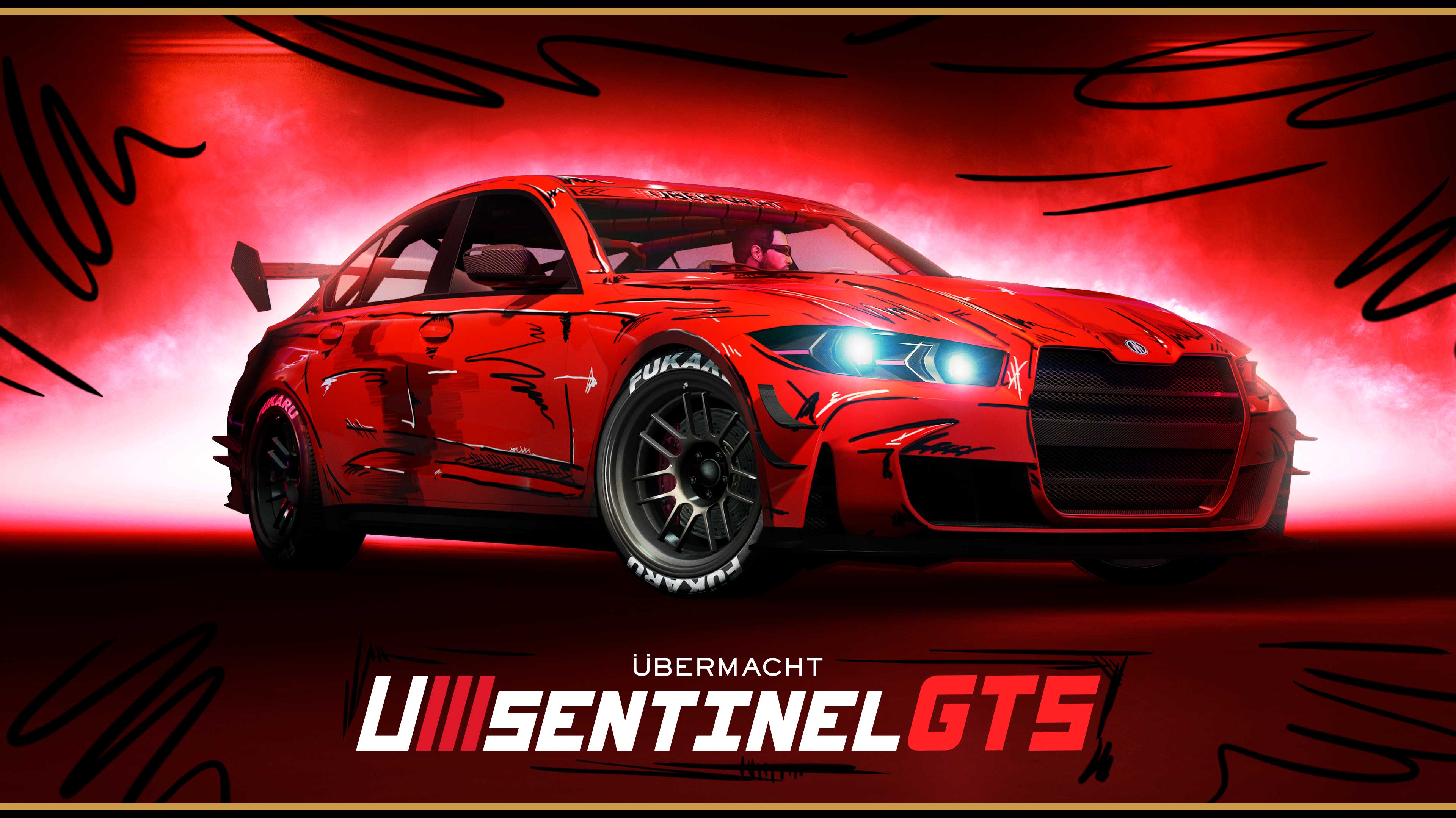 Poster for a red Übermacht Sentinel GTS with an abstract scribble livery and a strong red backlight. 