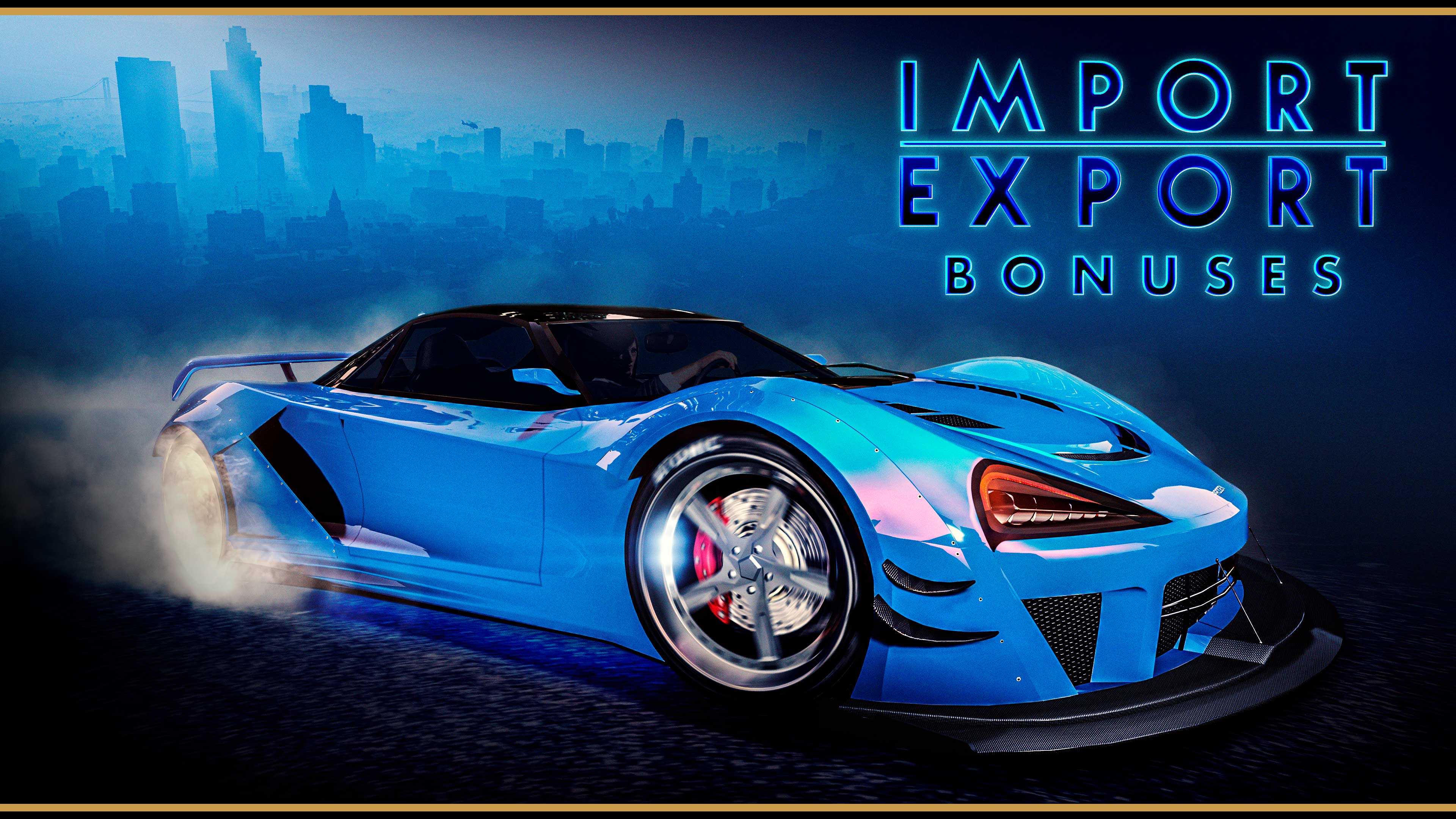 Poster for Import Export Bonuses featuring a bright blue car drifting by on a blue backdrop featuring a faded city silhouette. 