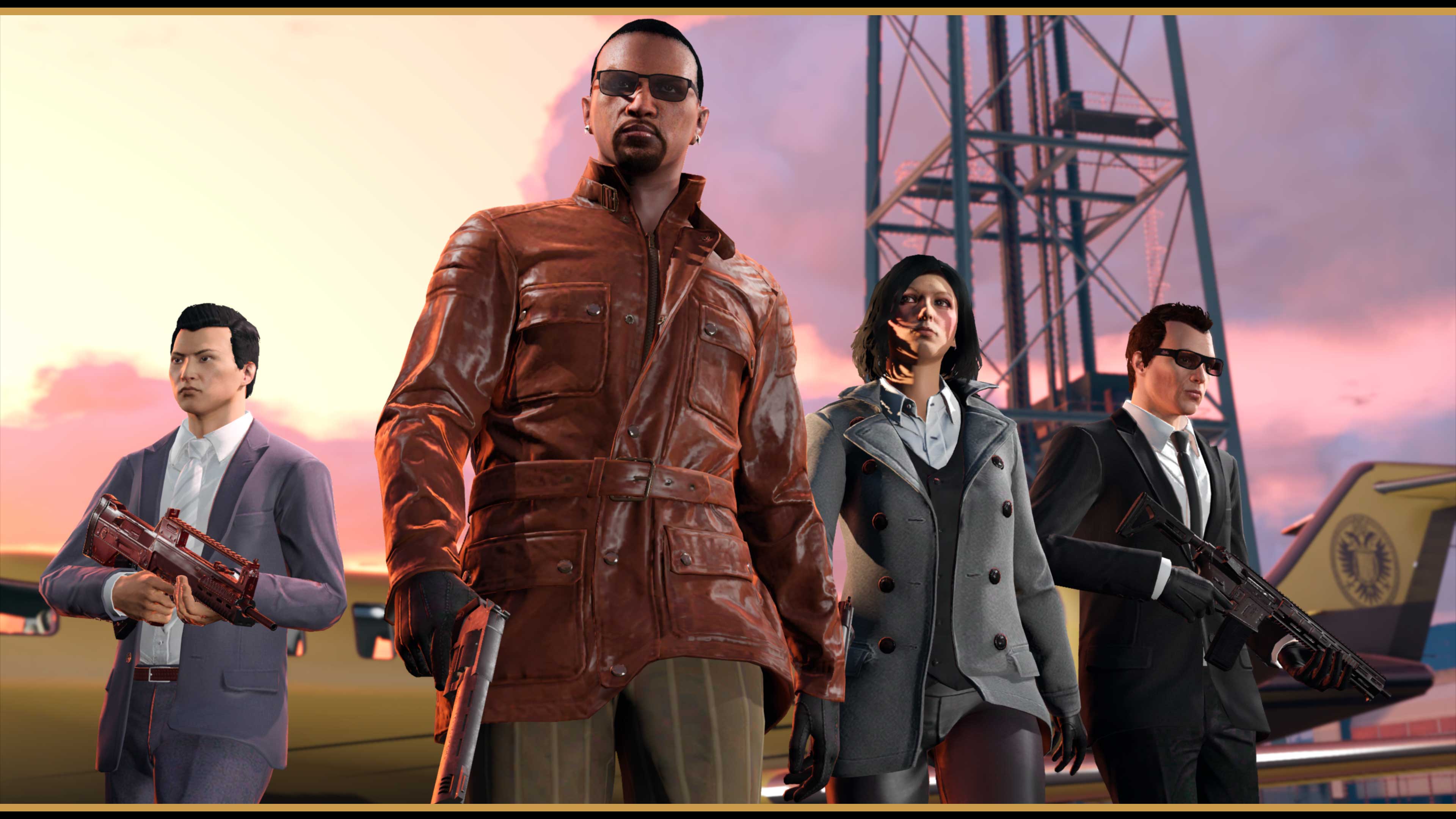 Armed GTA Online characters walk away from a jet and toward the camera. 