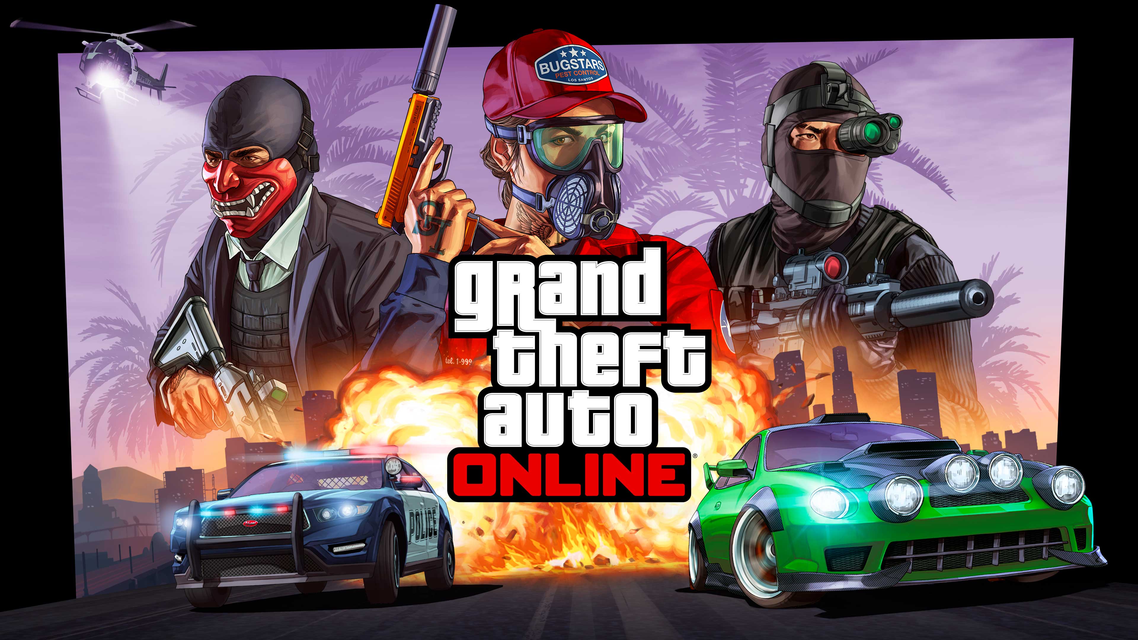 Grand Theft Auto Online artwork featuring three armed GTA Online characters above a scene of cars driving away from an explosion. 