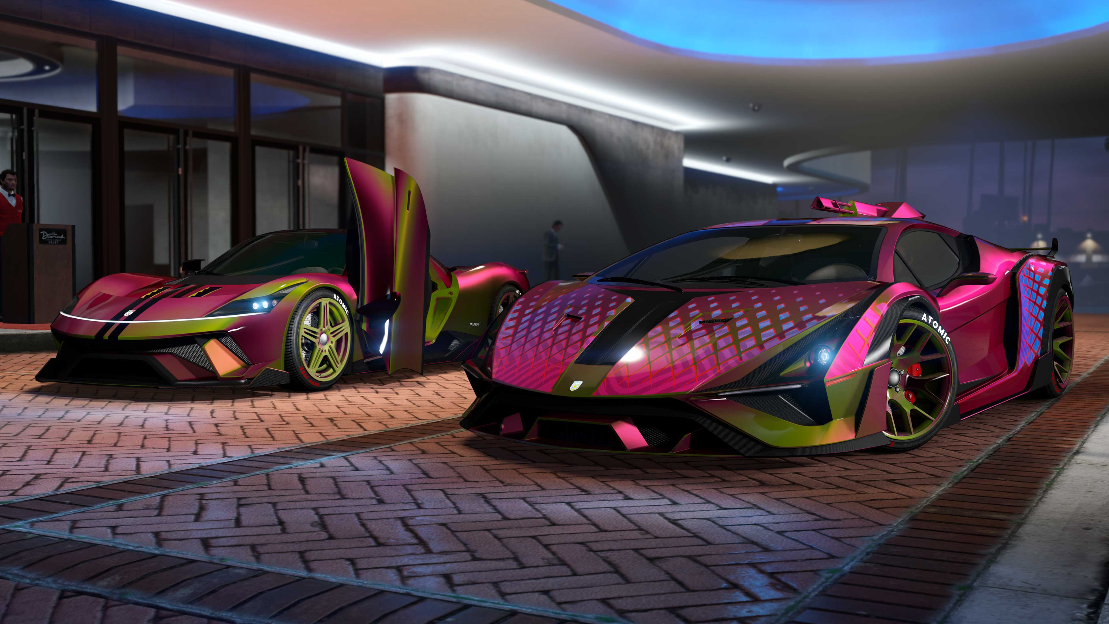 Outside The Diamond Casino & Resort, a valet looks toward two parked supercars with the Magenta/Green Flip Chameleon Paint and Wheel Paint. 