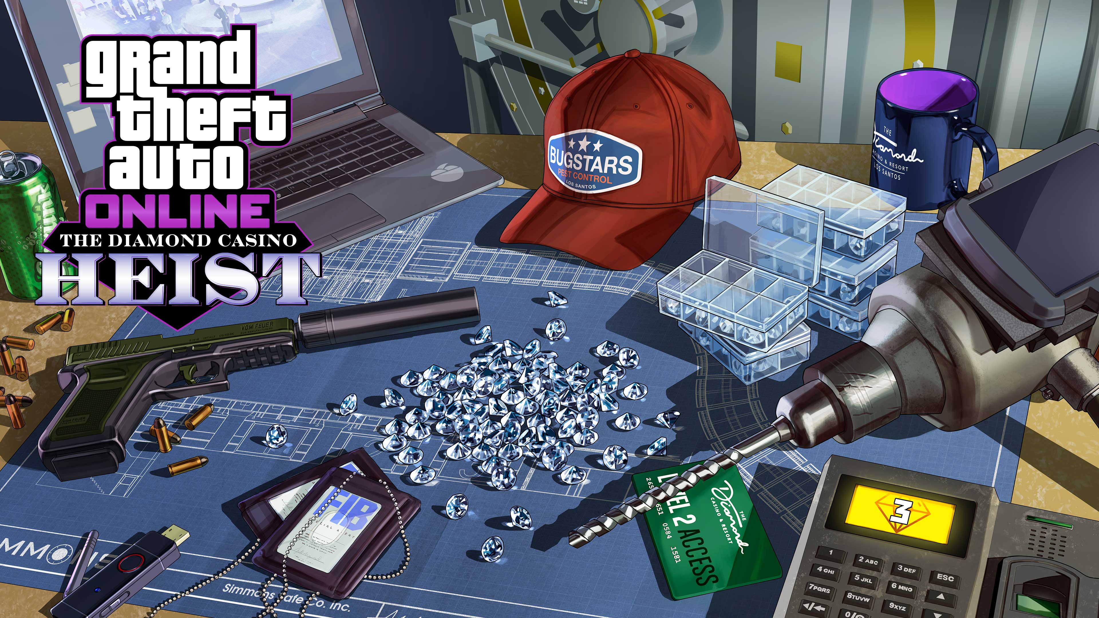 Diamonds piled on a blueprint surrounded by heist gear including FIB badges, a drill, a Bugstars cap, silenced pistol, and laptop.   