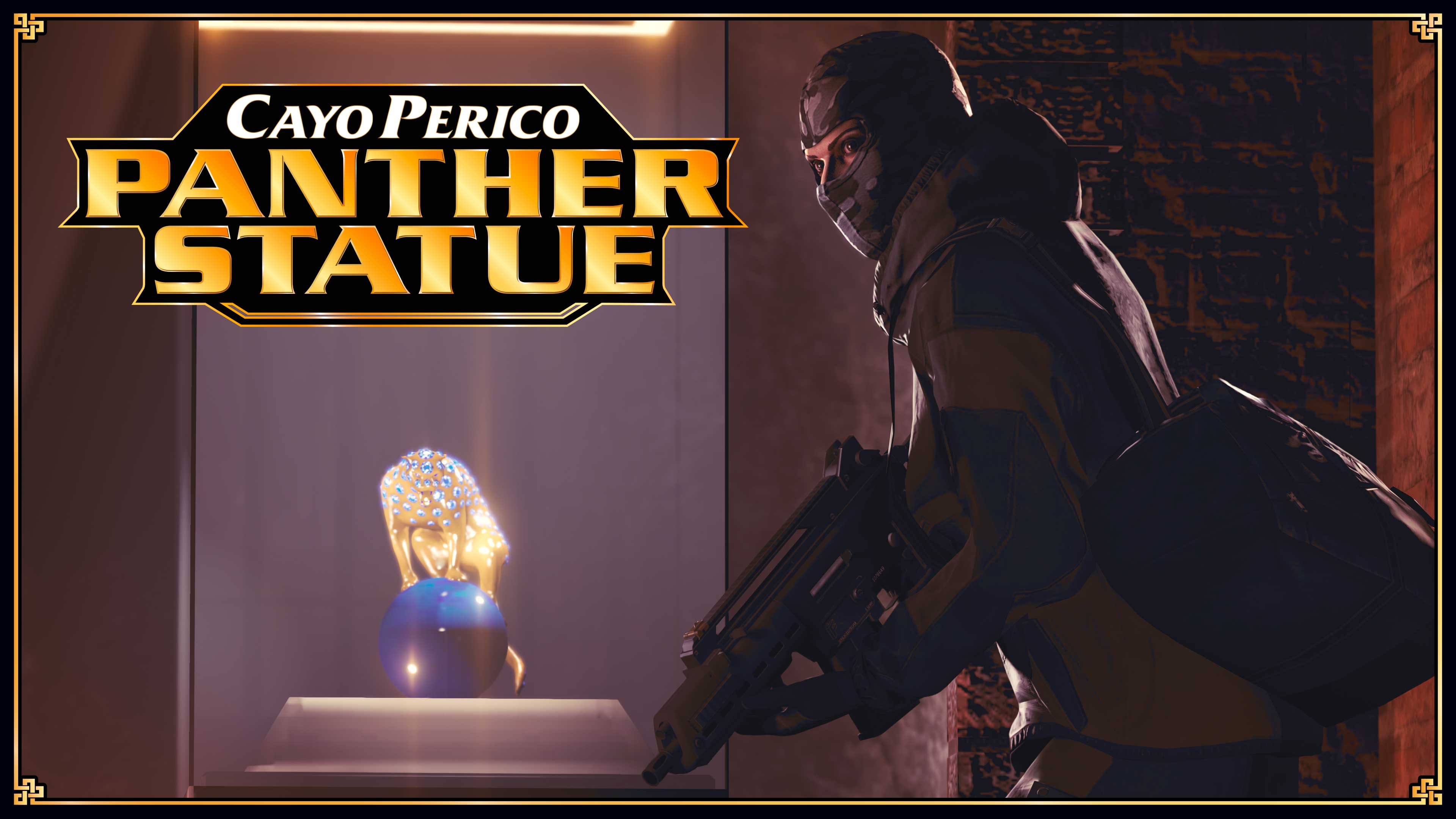 Cayo Perico Panther Statue poster featuring a masked, armed character approaching a golden, luminescent blue orb-encrusted panther statue. 