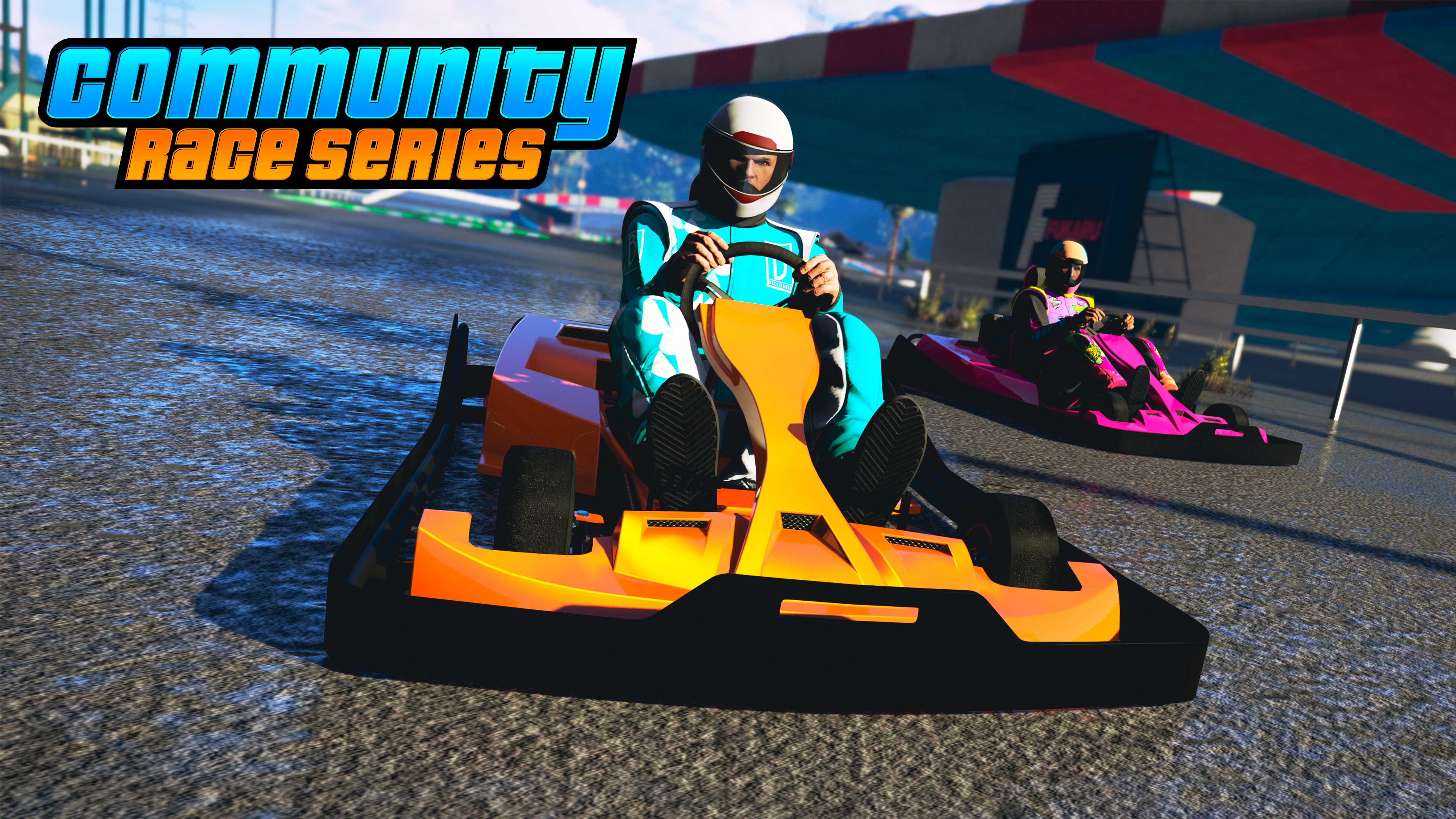 Community Race Series poster with characters racing on brightly colored go-karts. 