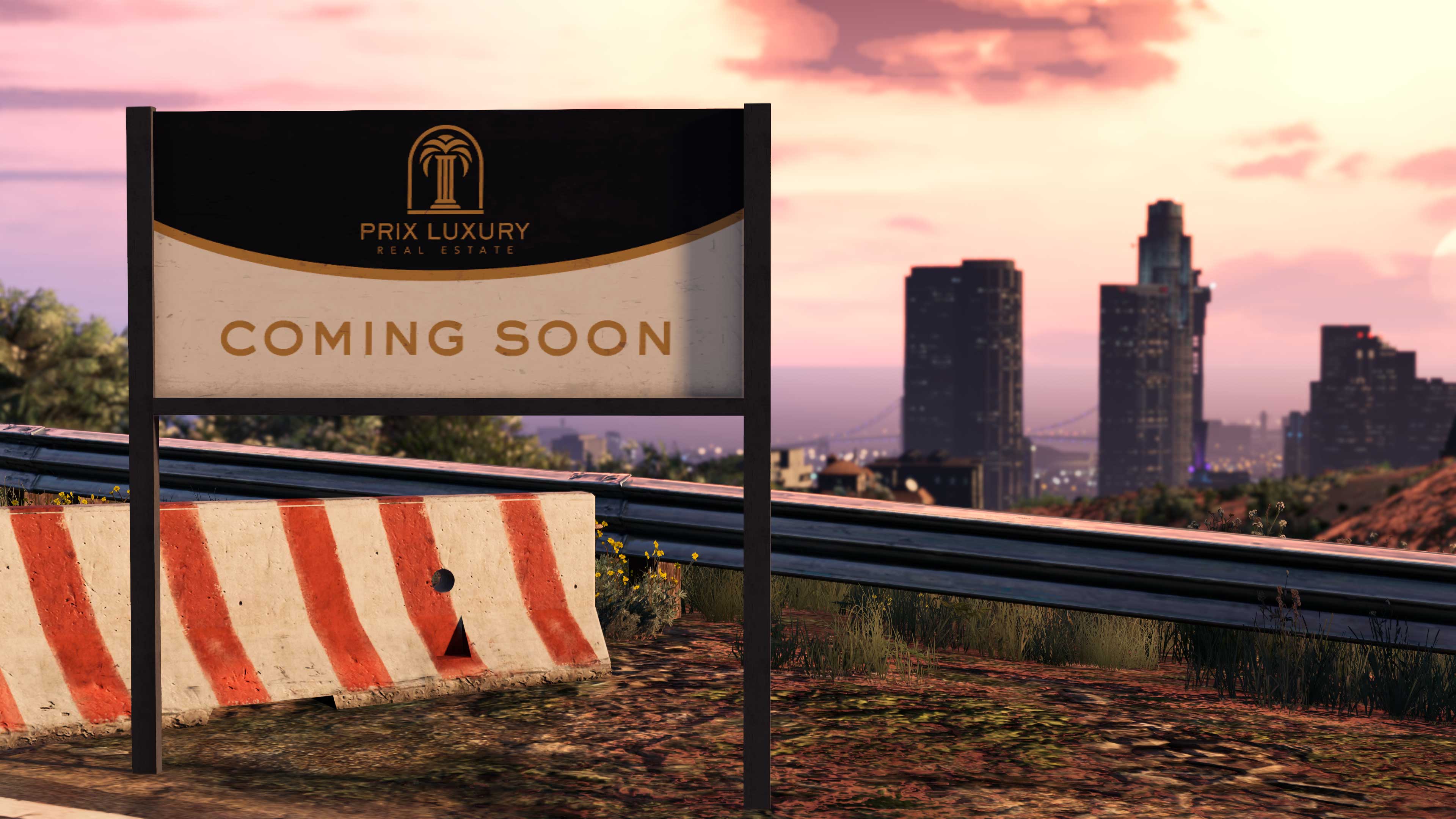 A sign with the Prix Luxury Real Estate logo and text that says “Coming Soon” on the side of a freeway overlooking Los Santos.  