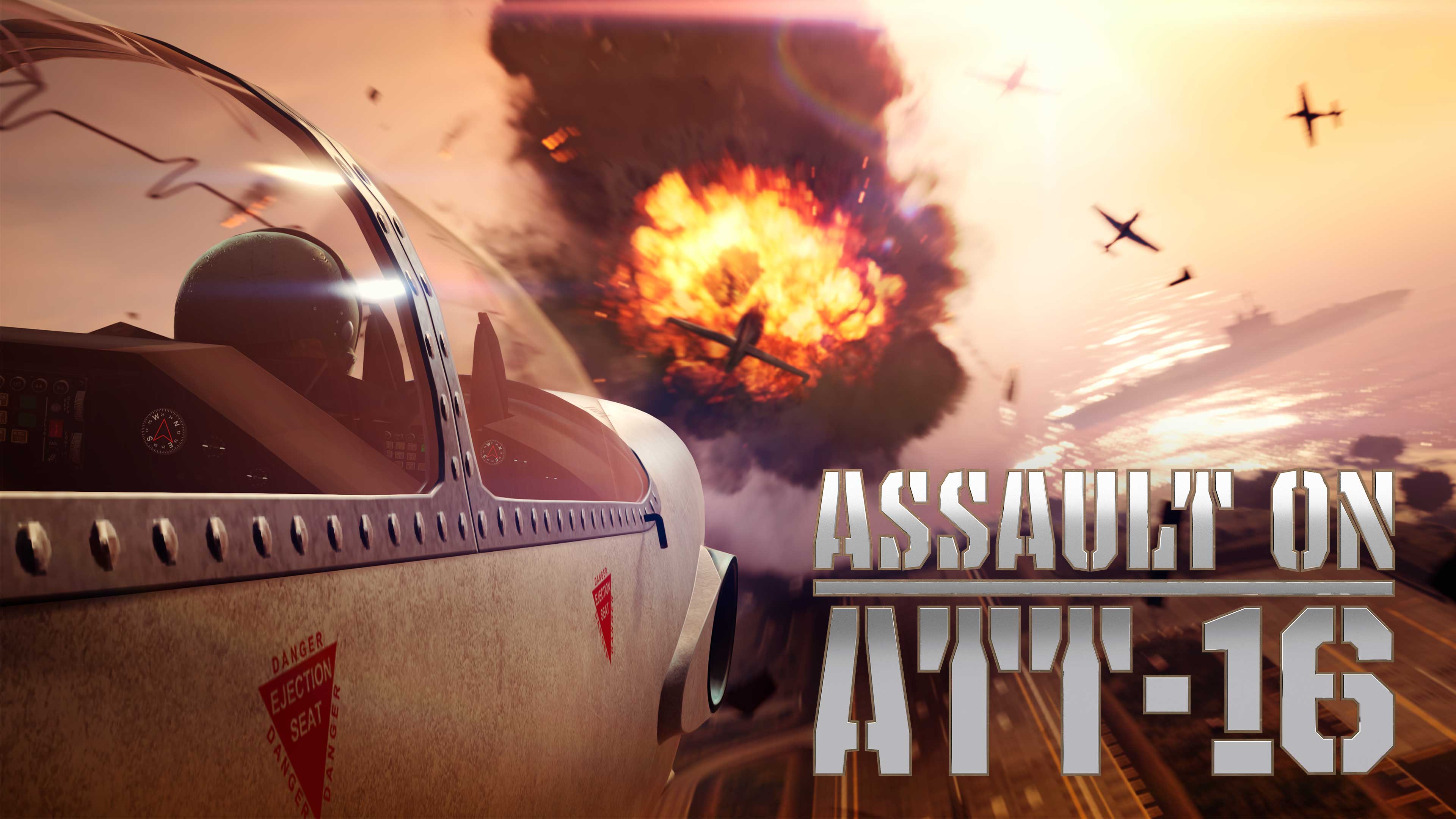 Assault on ATT-16 poster with jets engaged in combat as they fly nearby a large airborne explosion.