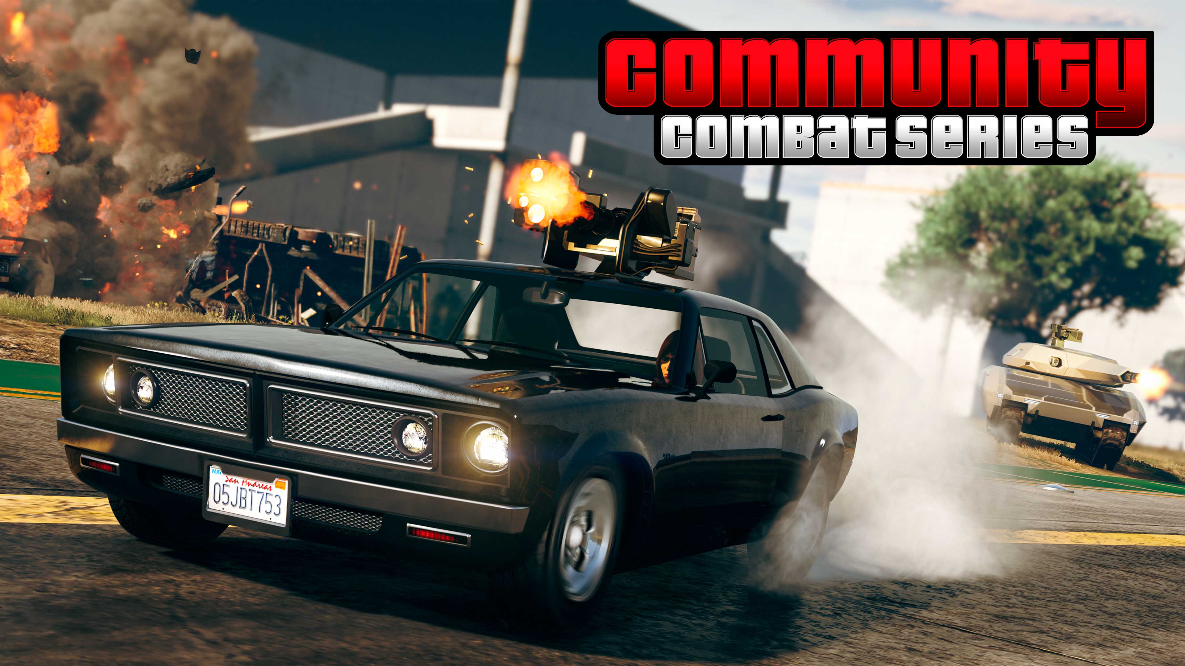 Community Combat Series poster with a weaponized car driving away from a Khanjali tank.